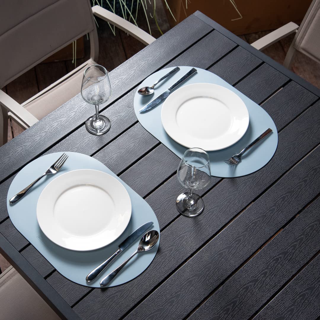 16 Inch Oval Vinyl Placemats Set of 6 - Stain-Resistant, Embossed Light Blue Table Mats with Leather-Like Feel - Protects Dining Table Surfaces - Perfect for Restaurants, Home Dining & Kitchen Decor
