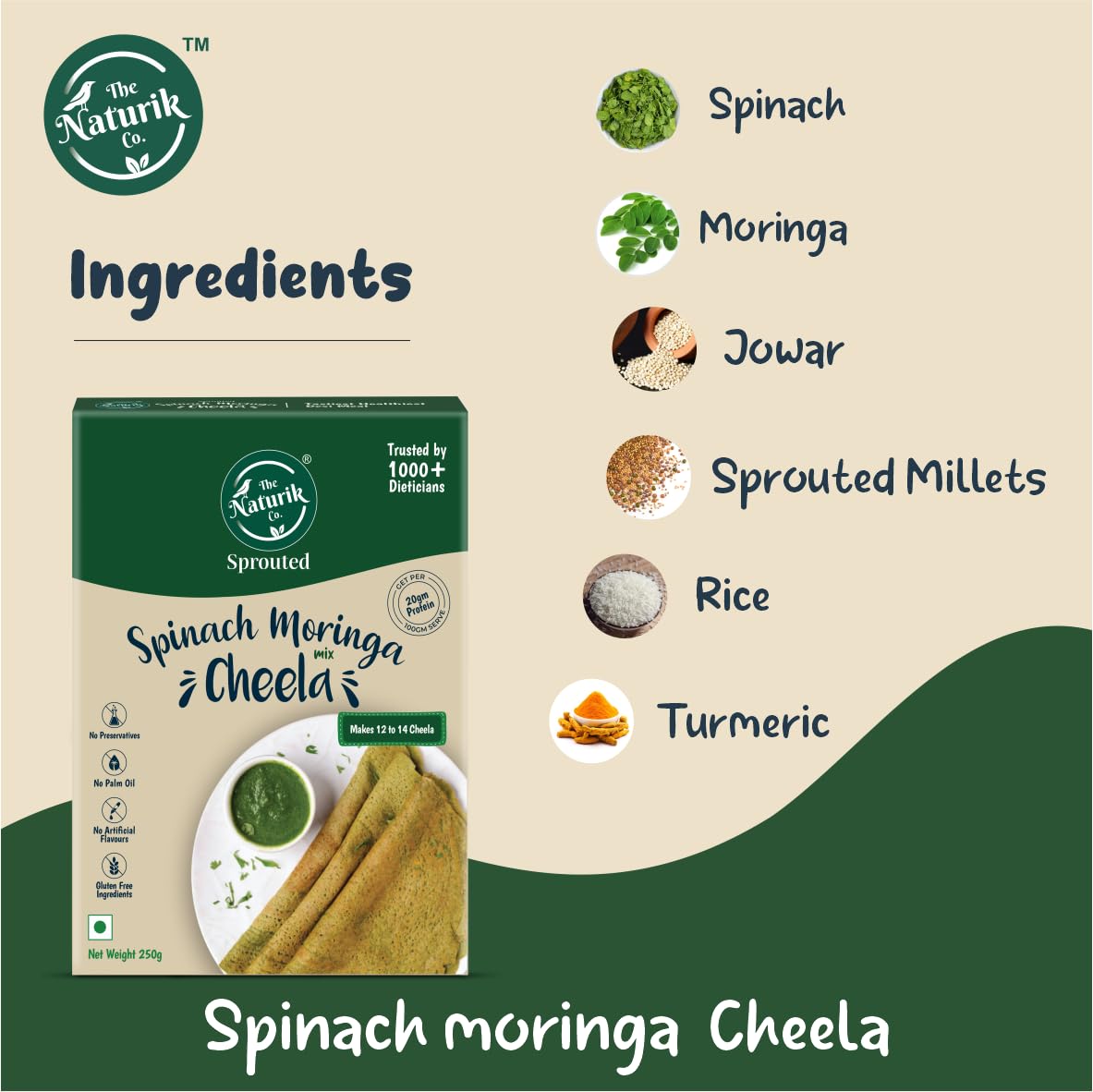 The Naturik Co Spinach Moringa Cheela Mix 250g - Ready to Cook Instant Chilla & Dosa Mix | Healthy Breakfast & Snack for Kids & Adults | Gluten-Free Vegan Indian Pancake Mix | Perfect for Quick Meals, Office Lunch & Family Dinners | As Seen On Shark Tank