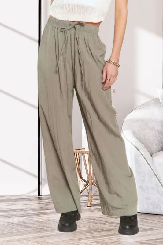 ADORA Women's Waist Tie Crinkle Flowy Pants - High Waisted Linen Wide Leg Trousers for Casual & Office Wear | Perfect for Summer Outfits, Beach Vacations & Boho Style