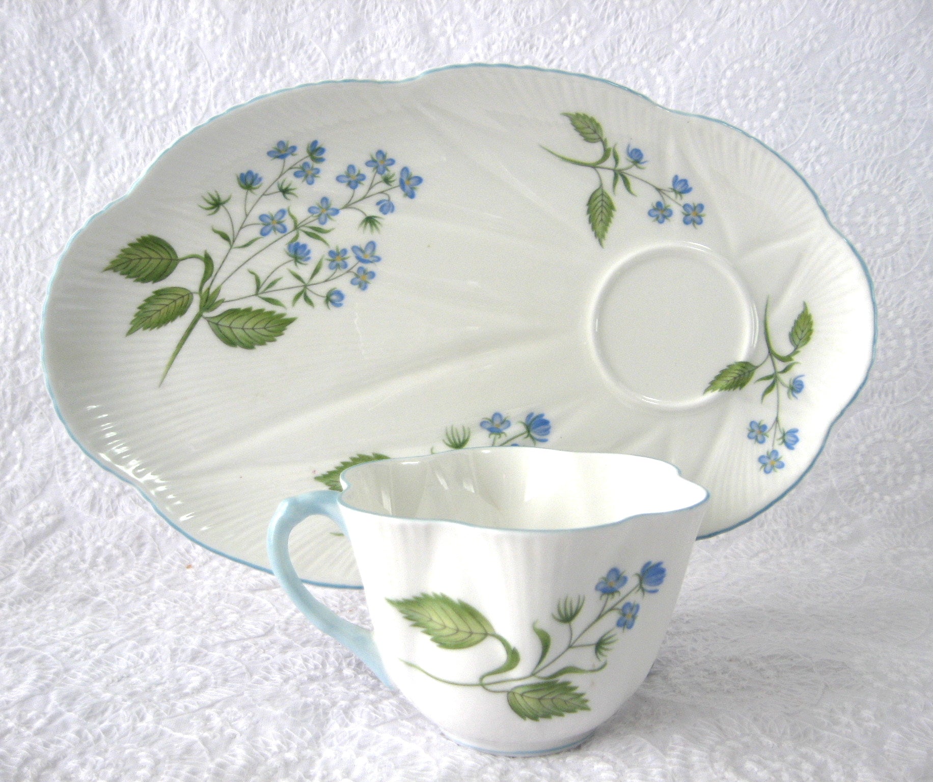 Elegant Shelley Dainty American Brooklime Snack Set - Porcelain Cup, Saucer & Fitted Plate for Afternoon Tea, Buffet Parties & Vintage Tableware Collections