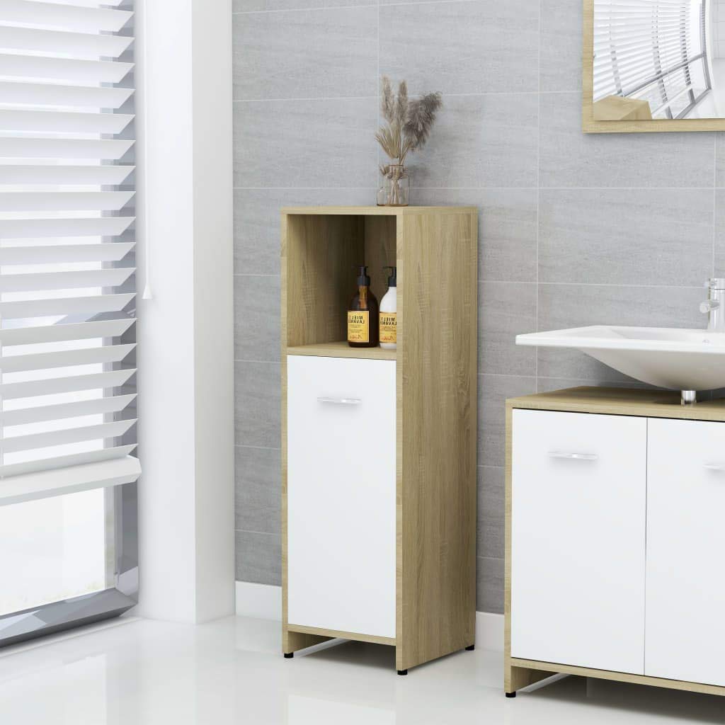 White & Brown Wooden Bathroom Storage Cabinet with Door and 3 Shelves - Medicine Cabinet, Side Floor Cabinet for Bathroom Organization and Home Decor