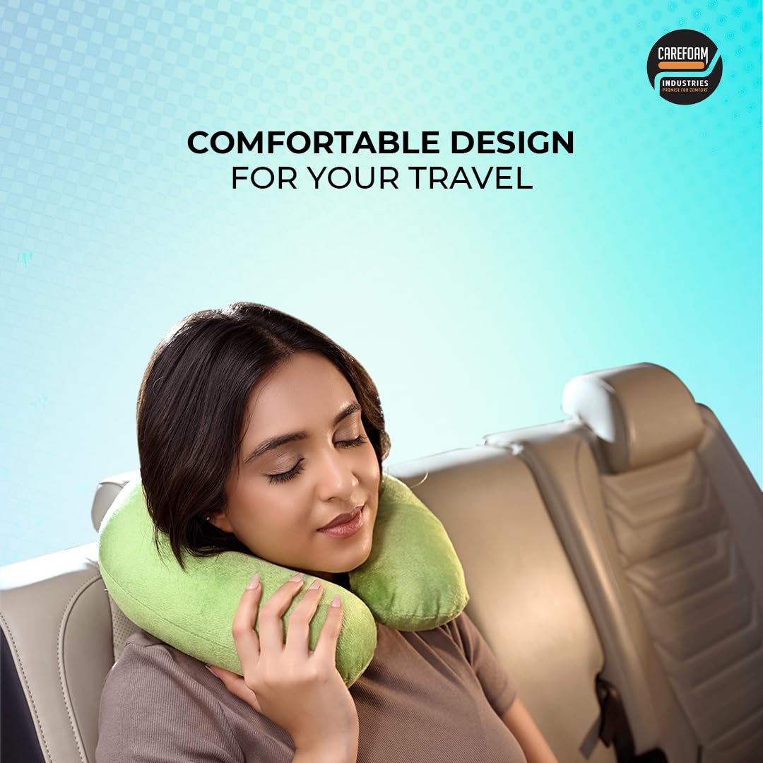 CareFoam Memory Foam Neck Pillow for Travel - Ergonomic Support for Airplane, Car & Train Sleeping - Lightweight Travel Pillow with Premium Velvet Cover for Men & Women (Green) - Perfect for Long Flights, Road Trips & Commuting