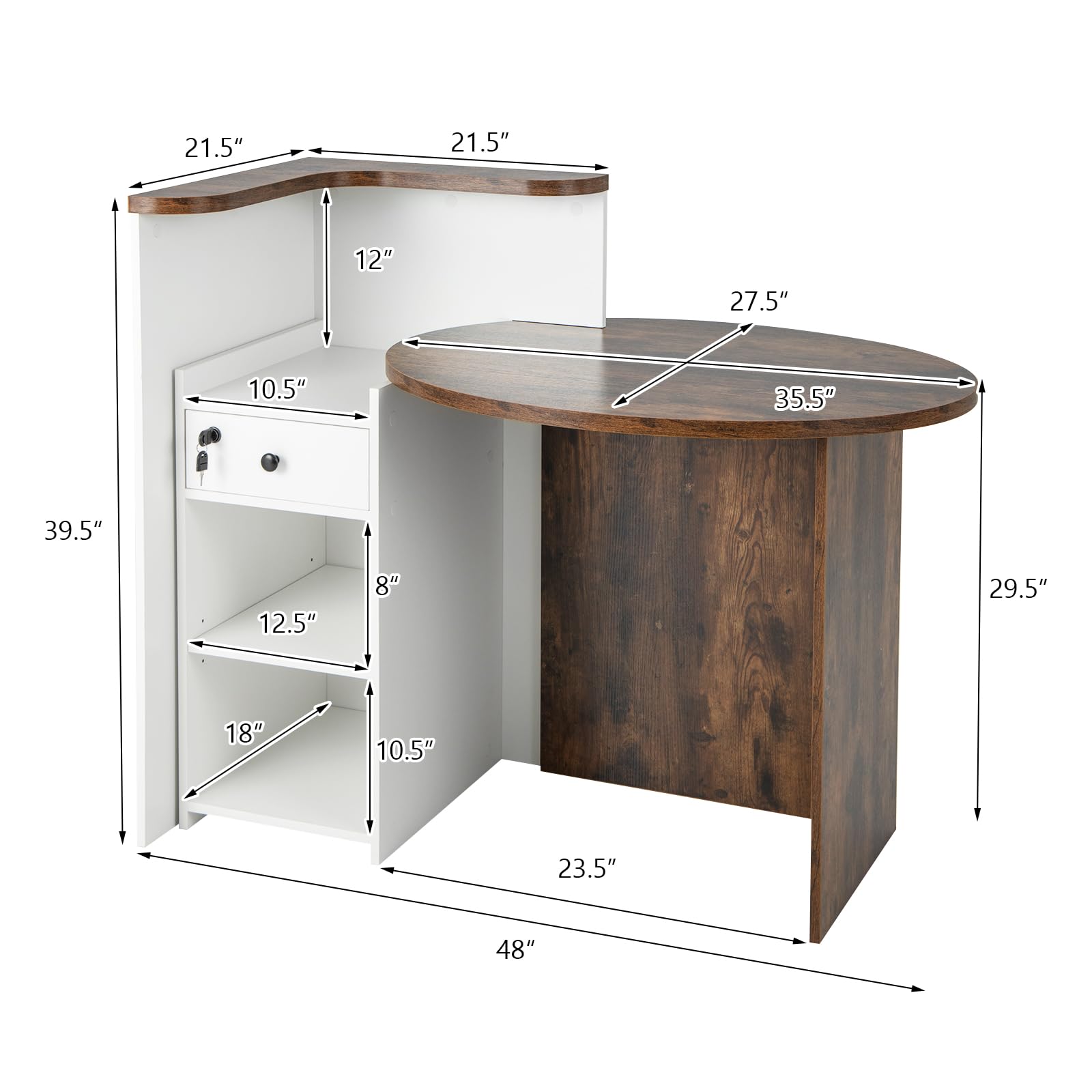 Modern Reception Desk with Lockable Drawer & Open Shelves - Wooden L-Shaped Front Counter for Office, Retail Store, Salon & Lobby - Oval Desktop Design in Brown & White - Perfect for Customer Service Areas, Checkout Counters & Professional Workspaces
