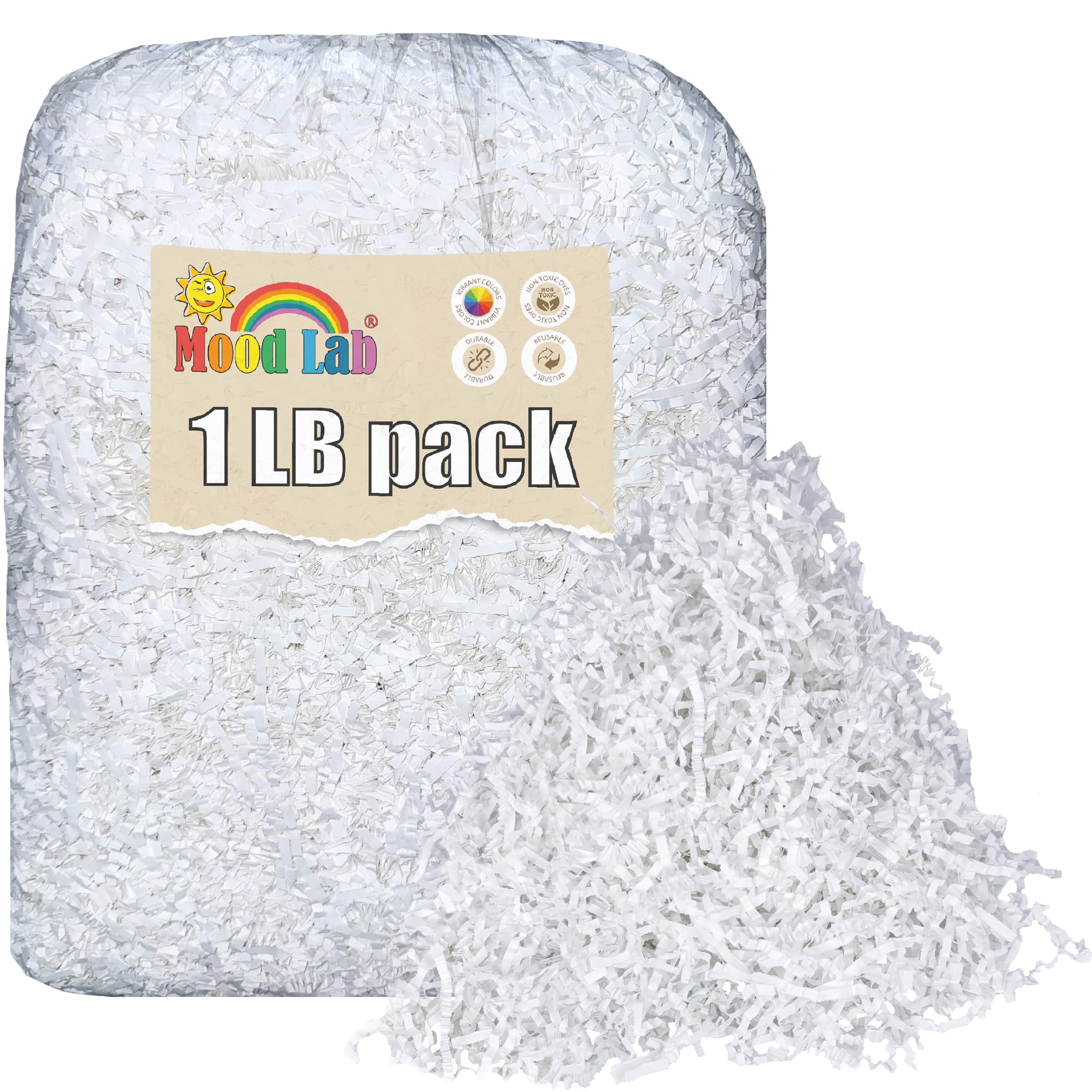 Mood Lab Crinkle Cut Paper Shred Filler - 1 LB White - Shredded Kraft Paper for Gift Wrapping, Basket Filling & Party Decorations - Eco-Friendly Packaging Material for Birthdays, Weddings & Holidays