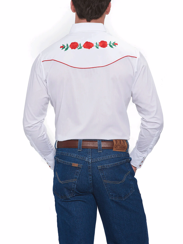 Ely Cattleman Men's Western Shirt with Red Rose Embroidery - Long Sleeve White Cowboy Shirt for Rodeo, Country Music Festivals & Casual Wear