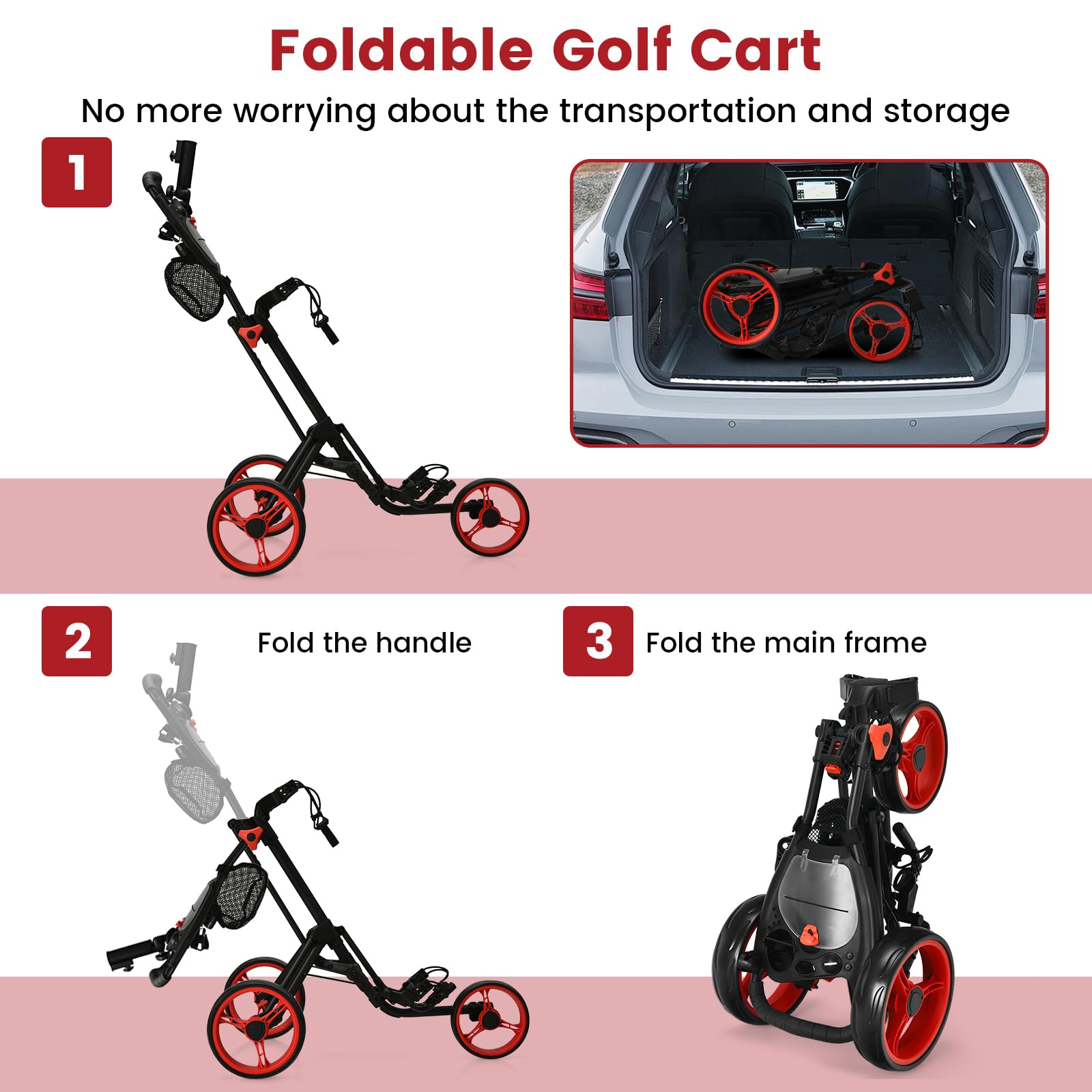 **Ultimate 3-Wheel Golf Push Cart – Lightweight Folding Golf Trolley with Scorecard Holder, Cup Holder, Umbrella Holder & Golf Bag Holder – Adjustable Handle & Foot Brake – Perfect for Golf Courses & Outdoor Sports**