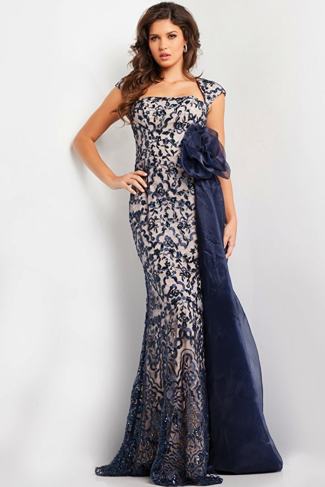 Jovani 37203 Navy Blue Nude Embroidered Cap Sleeve Evening Gown for Prom, Homecoming, and Formal Events