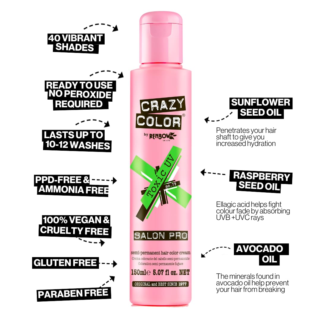 Crazy Color Salon Pro Semi-Permanent Hair Dye - Vibrant Toxic Shade for Women (5.07oz) | Long-Lasting Fashion Hair Color for Parties, Cosplay & Creative Styling