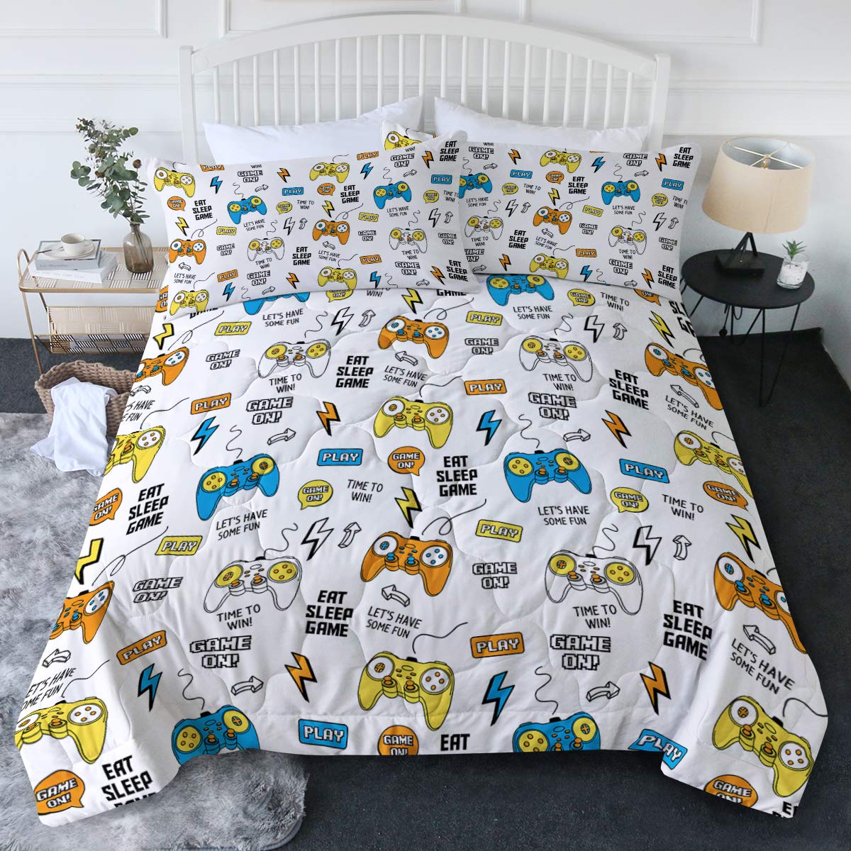 BlessLiving Video Game Controller Comforter Set for Boys - Twin/Twin XL Size, 3-Piece Gamer Bedding Set with Colorful Gaming Device Print - Perfect for Kids & Teens Bedrooms, Gaming Rooms, or Dorm Decor