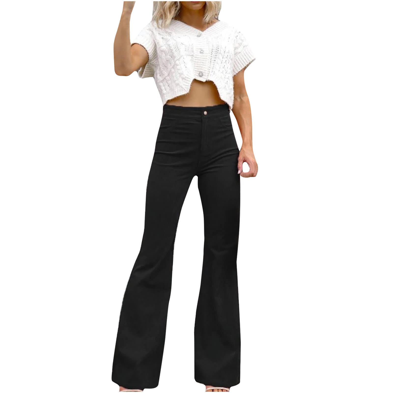 Women's High Waist Corduroy Flare Pants with Pockets - Casual & Comfortable for Everyday Wear