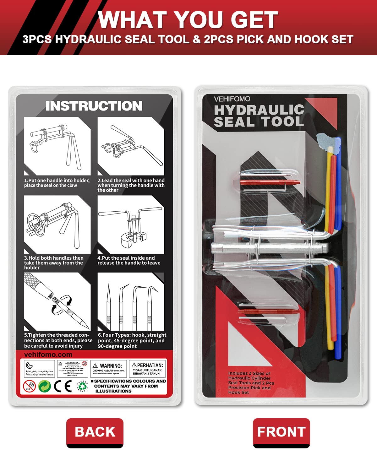 5 Pcs Hydraulic Seal Installation Tool Kit - Professional Hydraulic Cylinder Piston Repair Seal Tools with U-Cup Rod Seal Installer | Upgraded Seal Twistor Set with Pick & Hook | Perfect for Heavy Equipment Maintenance & Hydraulic System Repairs