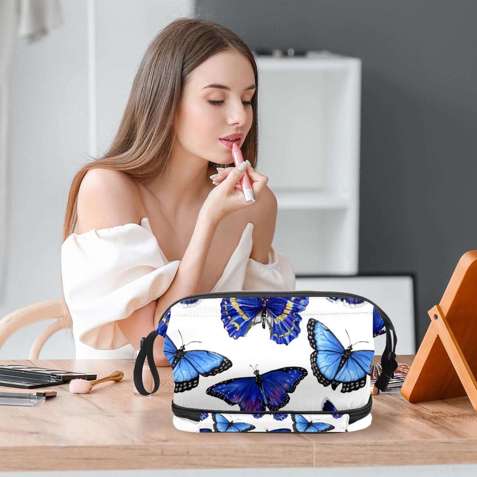 Butterfly Makeup Bag Double Layer Large Capacity Cosmetic Organizer for Women & Girls | Travel Toiletry Pouch with Zipper | Perfect for Travel, Gym, and Daily Beauty Storage