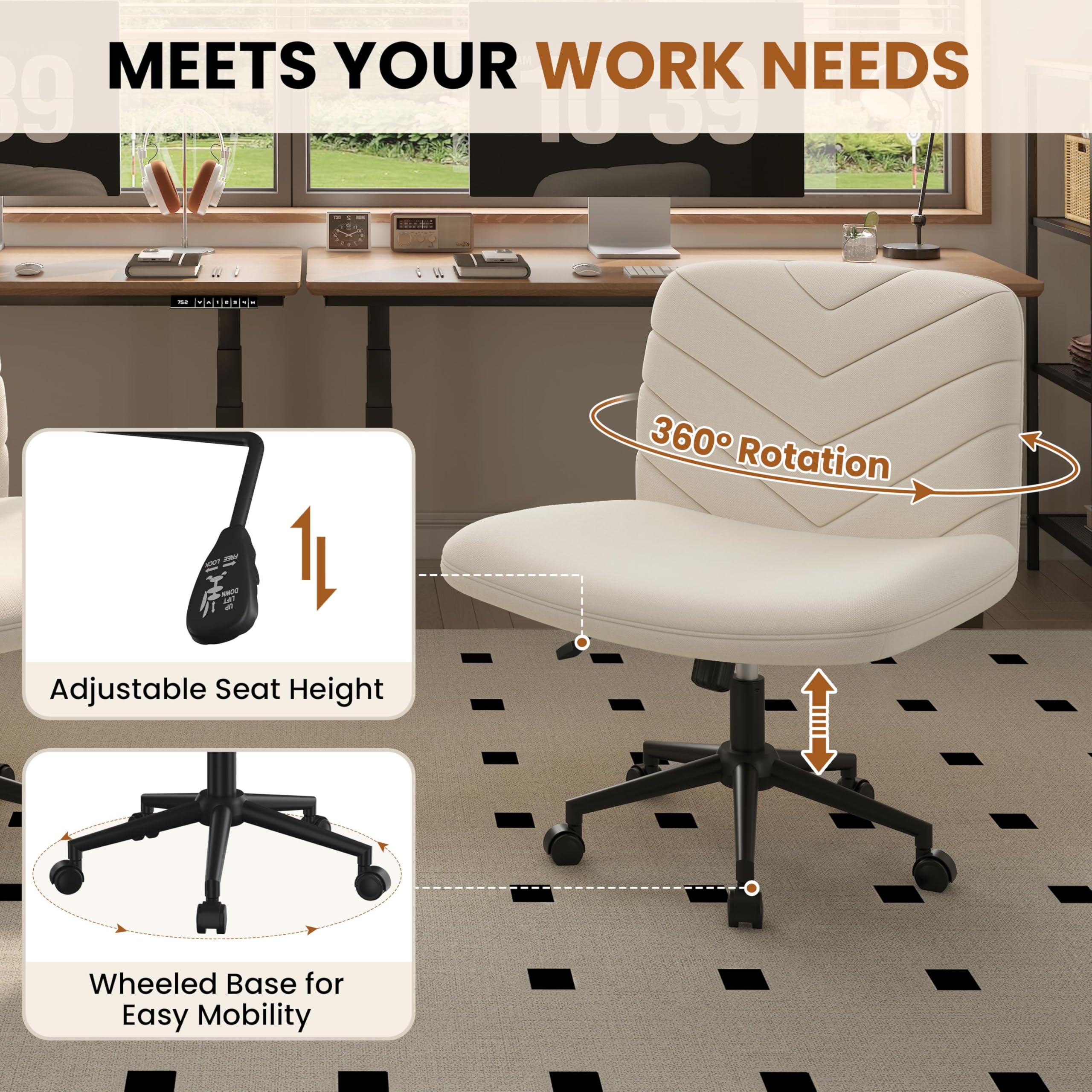 Yaheetech Ergonomic Wide Criss Cross Chair with Wheels - Adjustable Swivel Armless Office Chair for Home & Workspace, Comfortable Computer Desk Chair for Work, Gaming & Study - Beige Modern Vanity Chair for Bedroom & Dressing Room