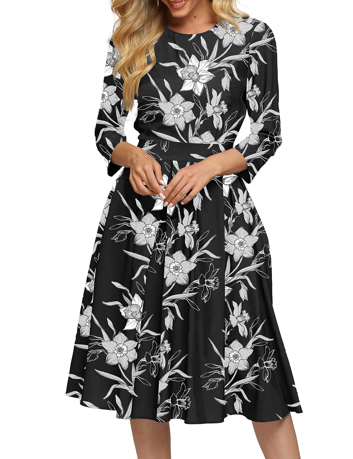 Vintage Floral Midi Dress for Women - Elegant 3/4 Sleeve Evening Gown | Perfect for Cocktail Parties, Weddings & Formal Occasions