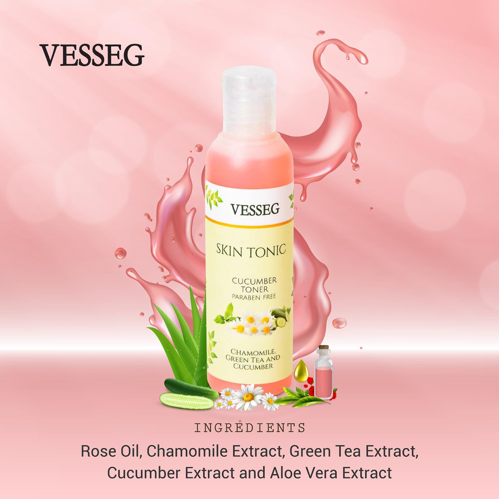 VESSEG Cucumber Facial Toner - Alcohol-Free, Paraben-Free Skin Tonic with Chamomile & Green Tea Extract (120ml) | Hydrating & Soothing for Dry, Sensitive Skin | Daily Skincare Routine, After Sun Care, Post-Shave Treatment