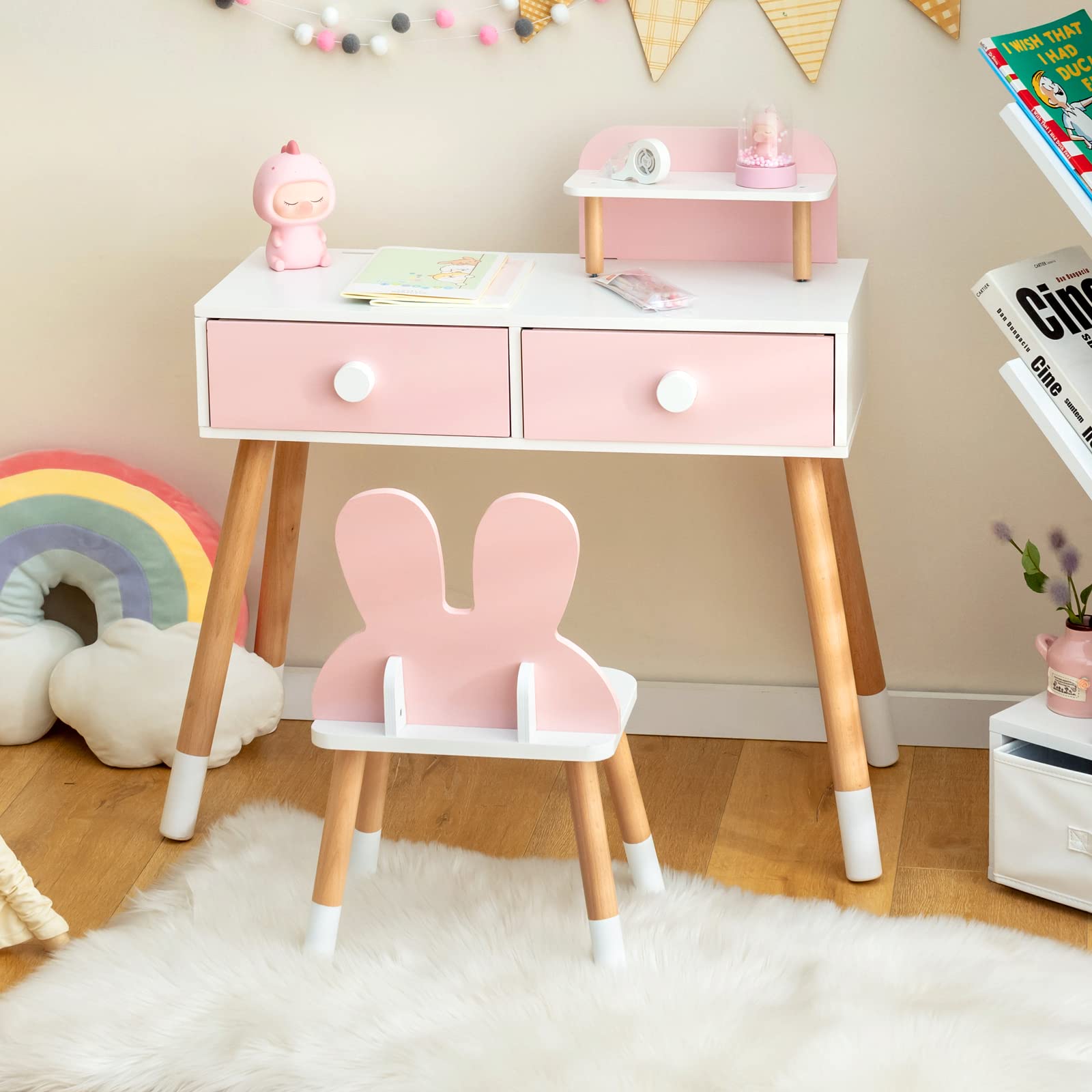 Princess Makeup Vanity Set for Kids - Wooden Rabbit Theme with Mirror & Stool - Pink
