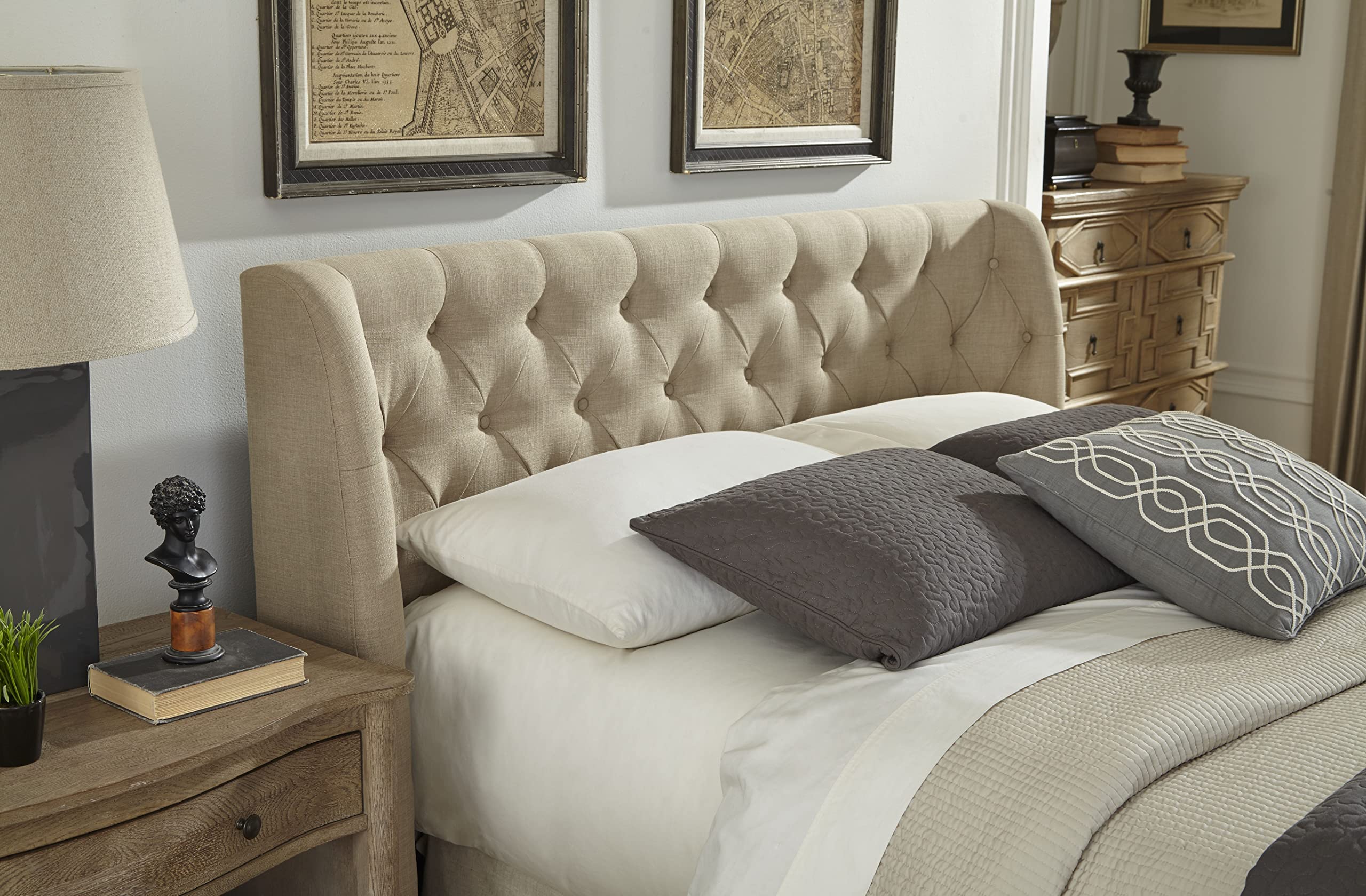 Modus Furniture Solid Wood Queen Size Platform Bed Frame - Levi Toast Linen Upholstered Headboard | Modern Bedroom Furniture for Small Spaces & Guest Rooms