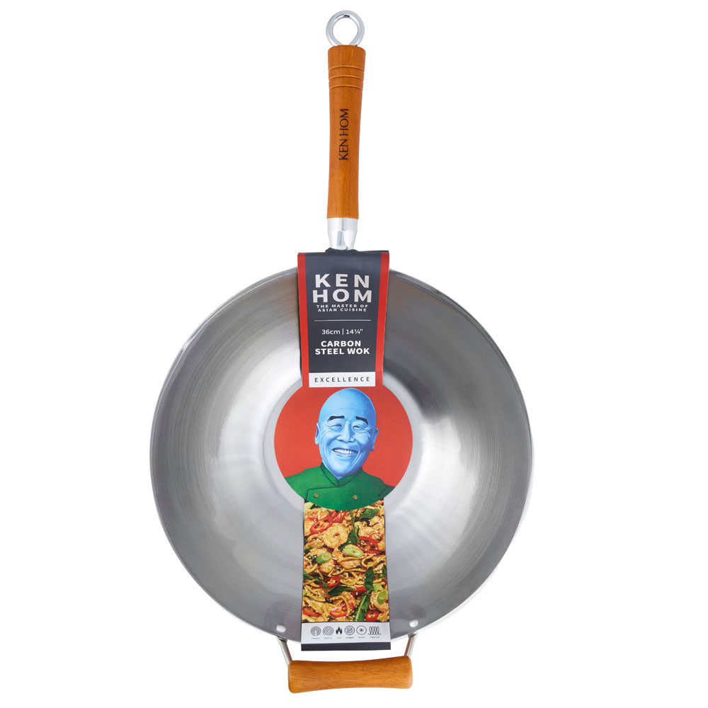 Ken Hom 14-Inch Carbon Steel Wok Pan - Uncoated, Professional Chinese Stir Fry Pan - Perfect for Stir-Frying, Sautéing, and Deep Frying in Home Kitchens