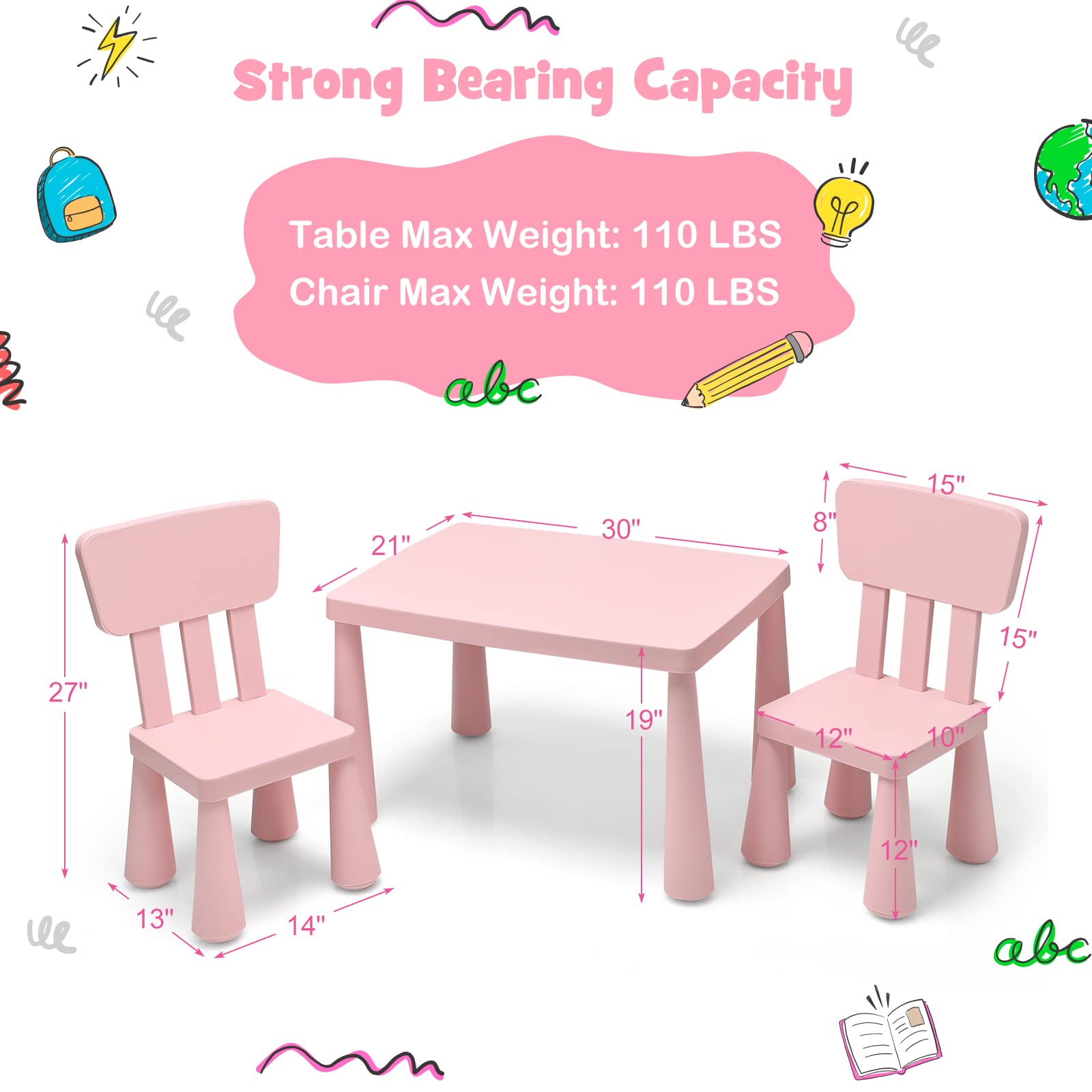 HONEY JOY Kids Table and Chair Set - 3-Piece Plastic Toddler Furniture for Art, Crafts & Play | Easy-Clean Tabletop with 2 Chairs | Perfect for Daycare, Playroom & Home | Gift for Boys & Girls (Pink)