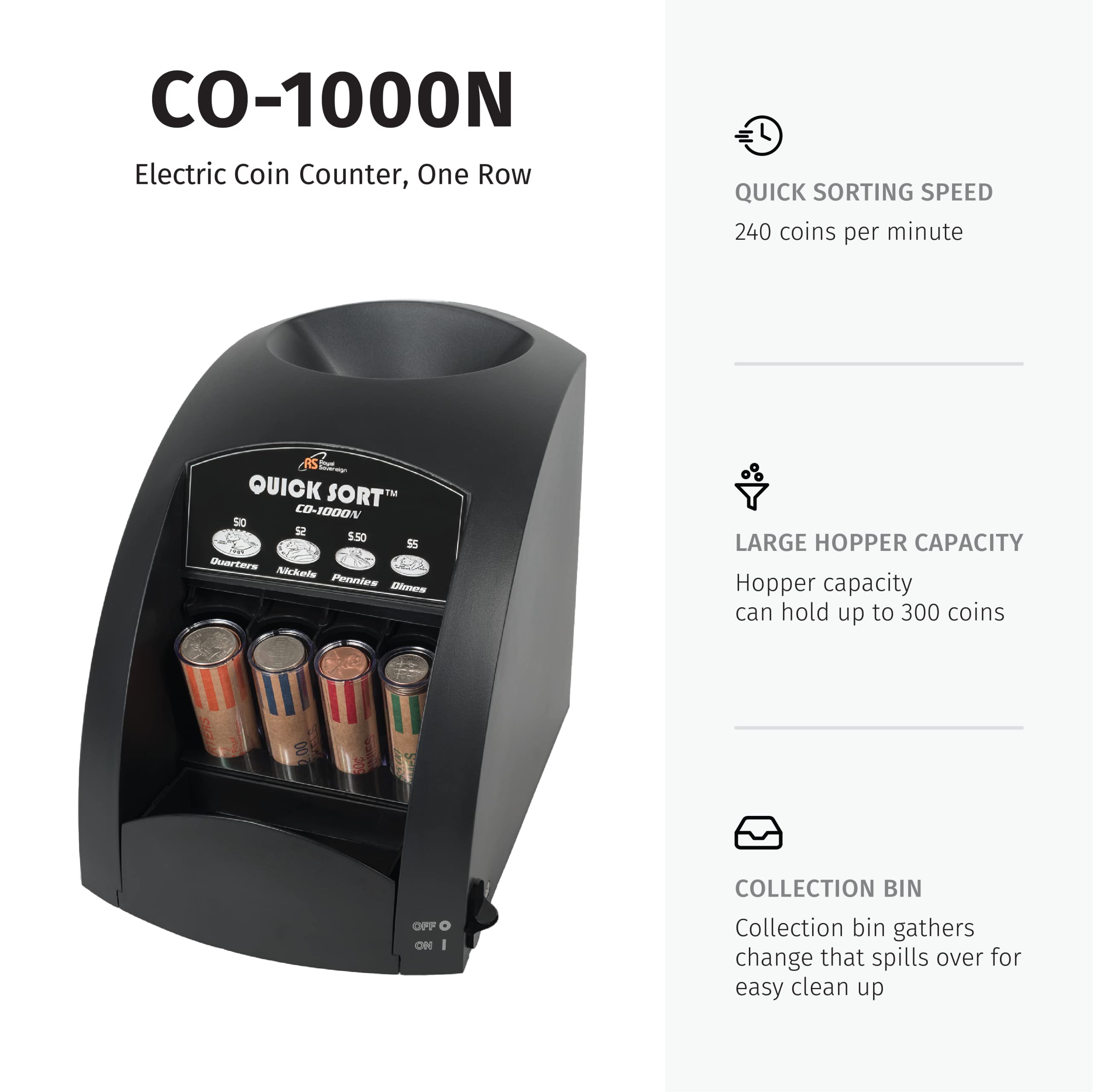 Royal Sovereign CO-1000N Coin Sorter Machine with Anti-Jam Technology & Coin Wrappers - Fast Cash Counting for Banks, Retail Stores & Home Use