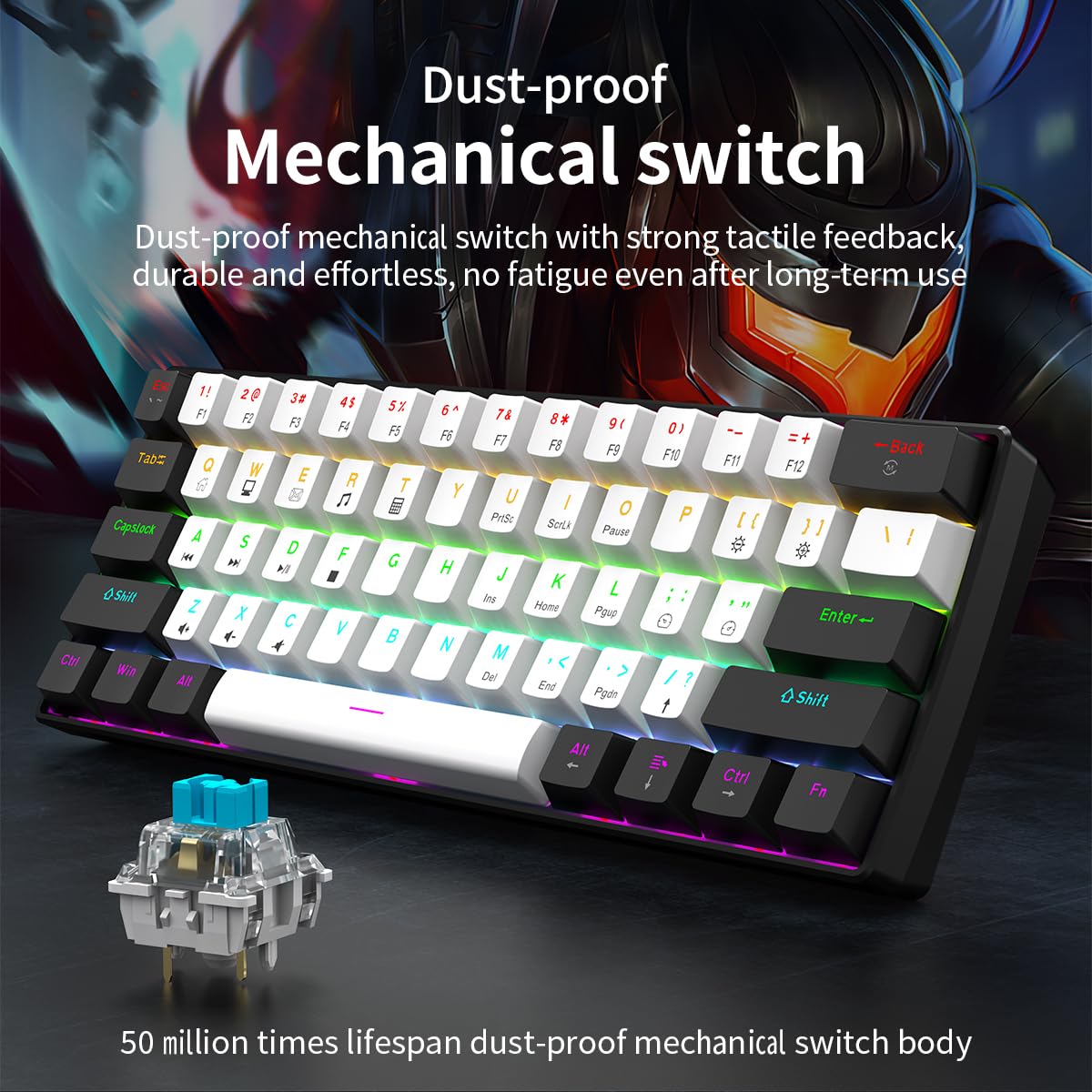 60% RGB Wired Gaming Keyboard - Compact 61-Key for PC/Mac Gamers & Typists | Travel-Friendly Design