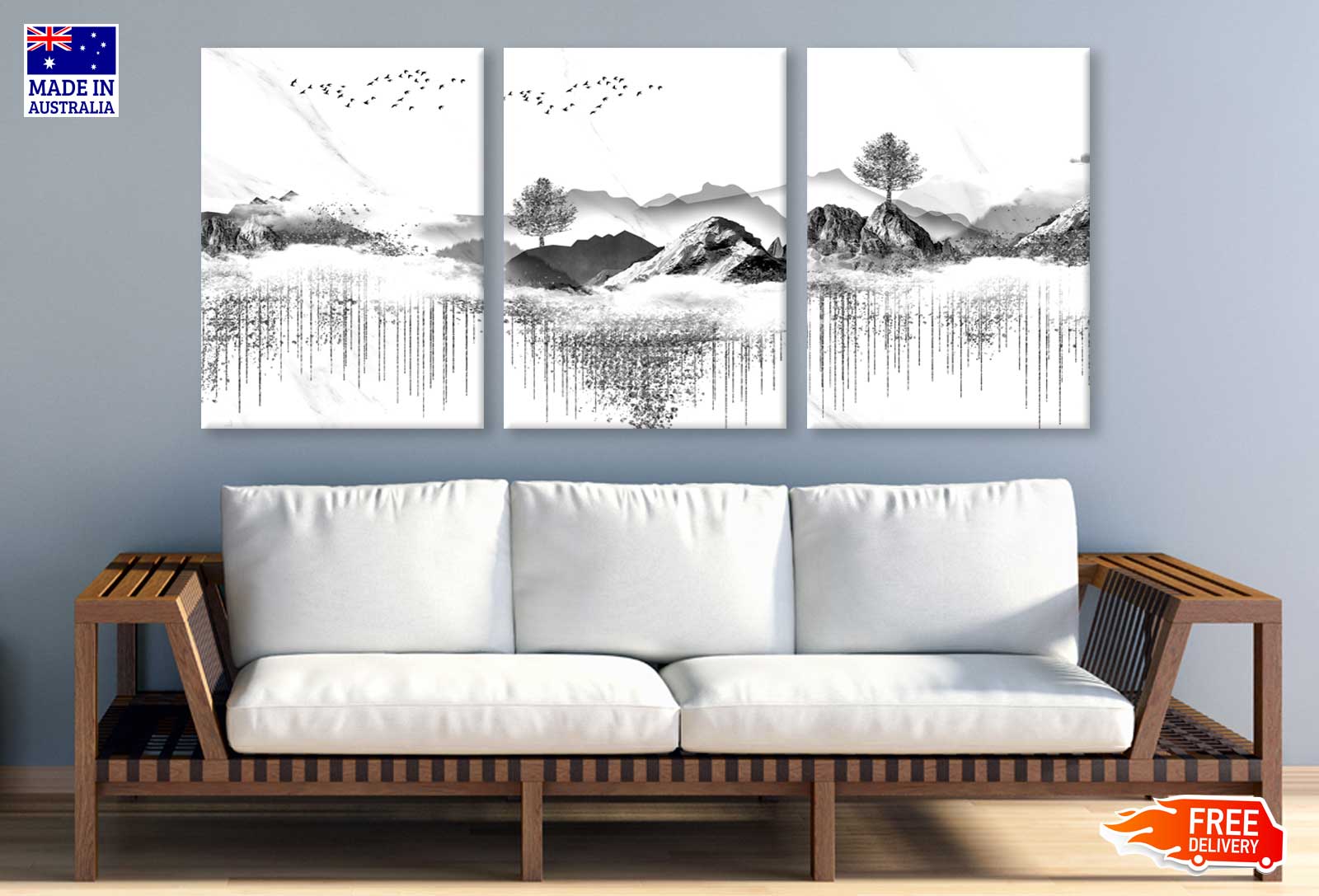 3-Piece Mountain Tree Illustration Canvas Wall Art - High Quality Print, 100% Australian Made, Ready to Hang - Perfect for Living Room, Bedroom & Office Decor