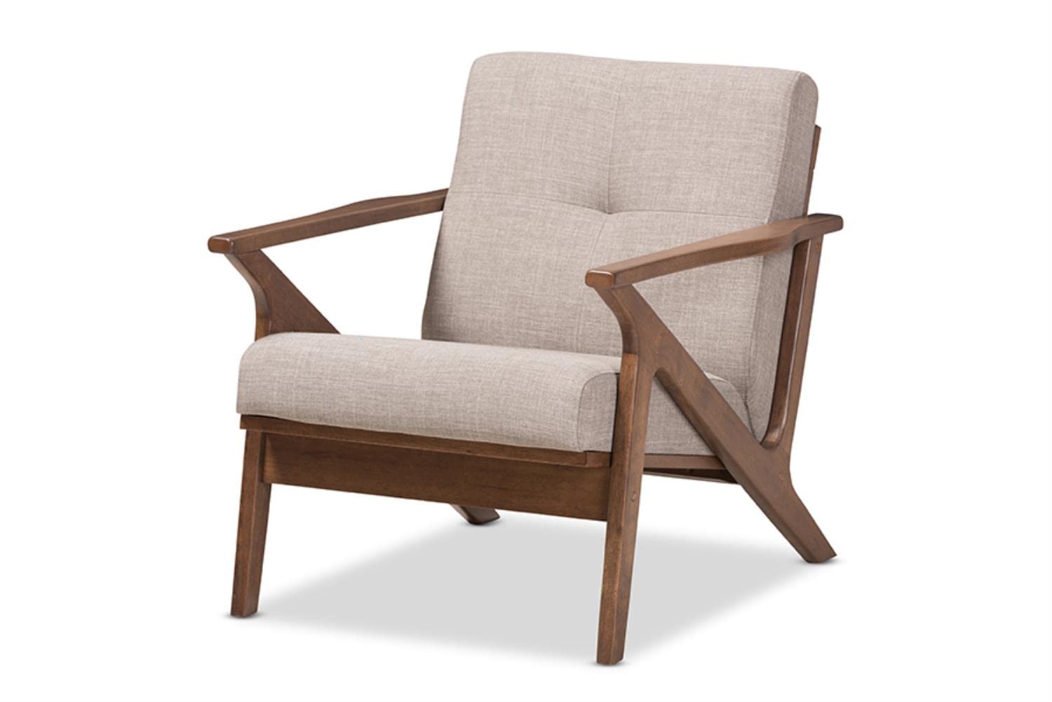 Baxton Studio Bianca Mid-Century Modern Walnut Wood Light Grey Fabric Tufted Lounge Chair - Stylish Accent Chair for Living Room, Office & Reading Nook - Comfortable Upholstered Armchair with Wooden Legs