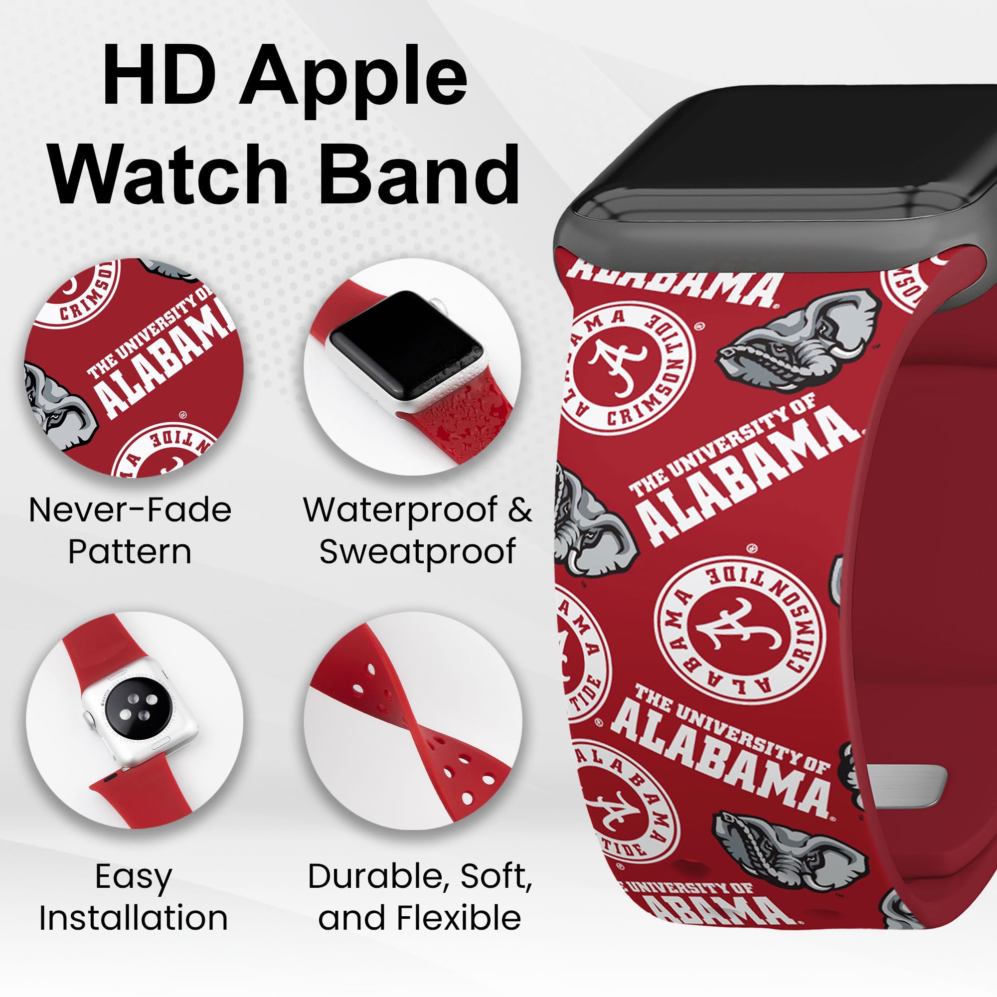 Alabama Crimson Tide HD Watch Band Compatible with Apple Watch Series 1-9 - Stylish Sports Fan Accessory for Game Day & Everyday Wear