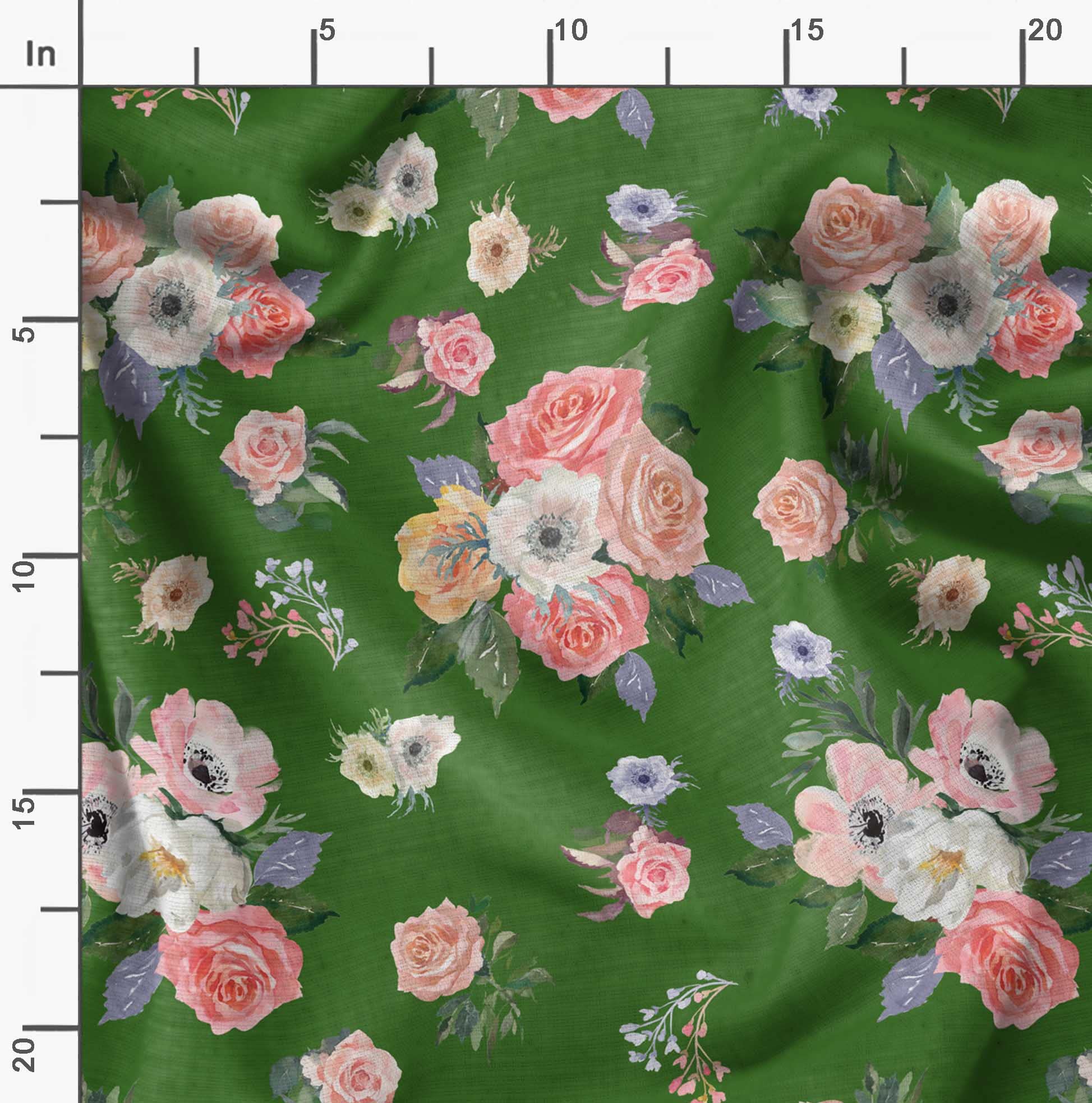 Soimoi Moss Georgette Green Fabric by The Yard - 42 Inch Wide Floral Printed Fabric with Anemone & Roses Botanical Design for DIY Crafts, Dresses, Curtains, Home Decor and Sewing Projects