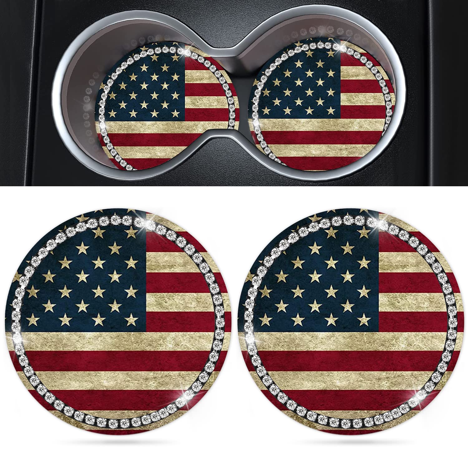 2 Pack American Flag Car Cup Holder Coasters - Bling Silicone Drink Coasters for US Cars, Patriotic Auto Accessories & Interior Decor - Perfect Gift for Women & Men (Great for 4th of July, Memorial Day, Road Trips)