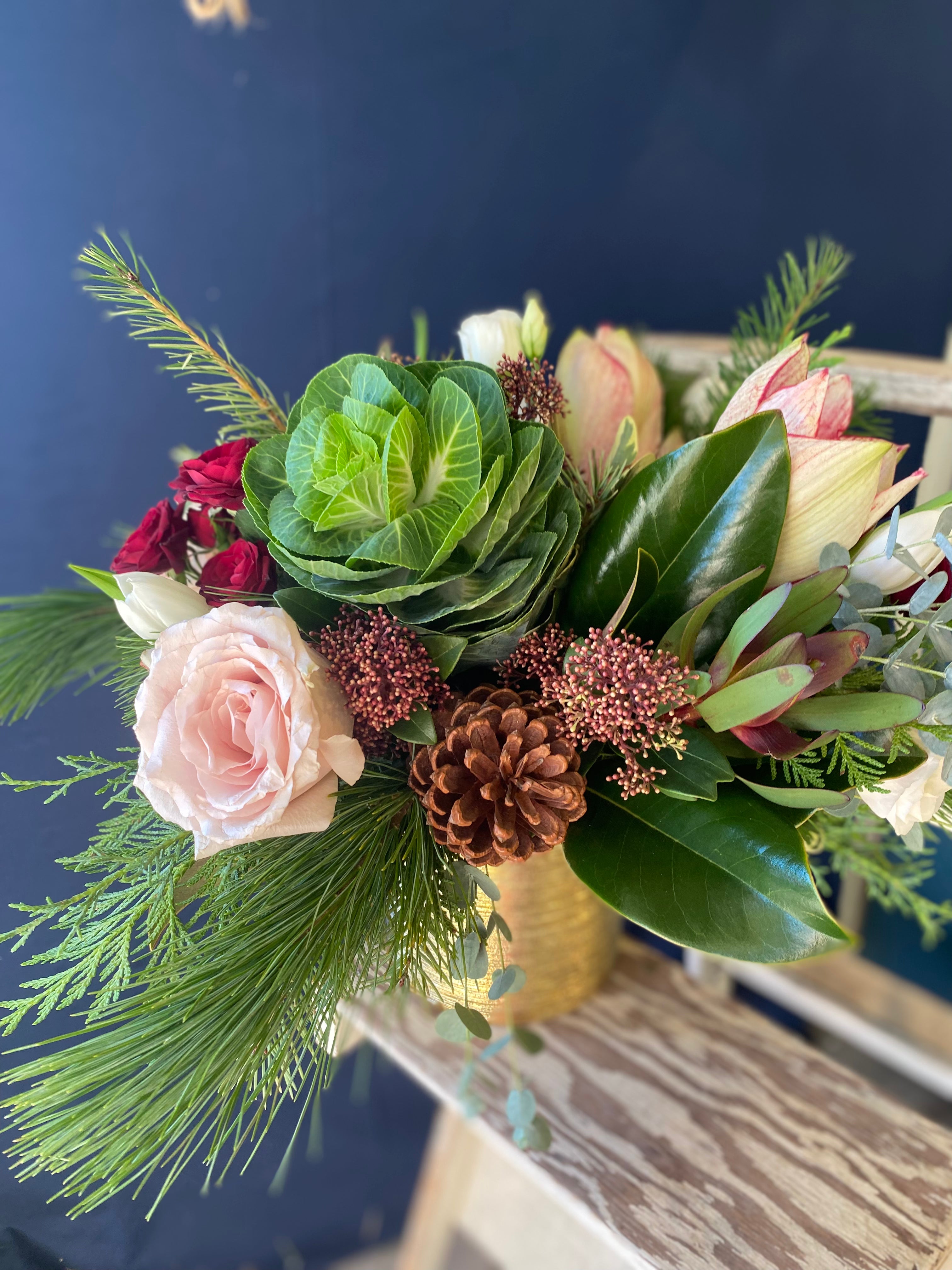 Elegant Gold Vase with Soft Winter Floral Arrangement - Perfect for Home Decor, Holiday Centerpiece, and Gift Giving
