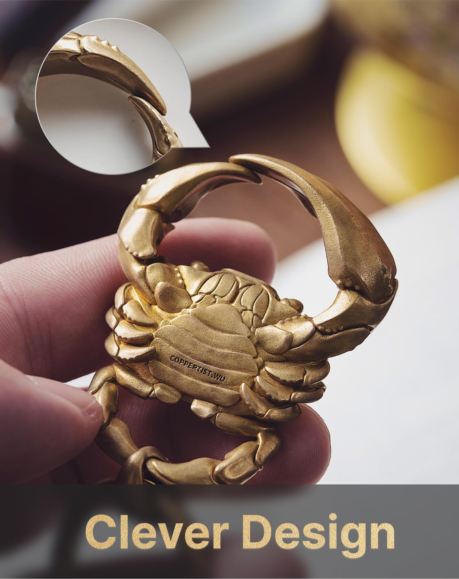 CopperTist.WU Crab Snap Keychain - Brass Quick Release Keychain Clip with Keyring - Unique Novelty Gifts for Men & Women - Perfect for Car Keys, Backpacks & Everyday Carry (EDC) Accessories
