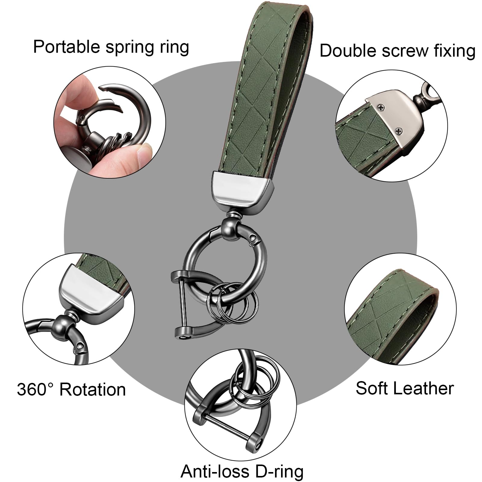 360° Rotatable Leather Car Keychain - Universal Anti-Lost Key Holder with D-Ring for Men & Women | Decorative Key Fob for Cars, Home & Office Keys (Green)