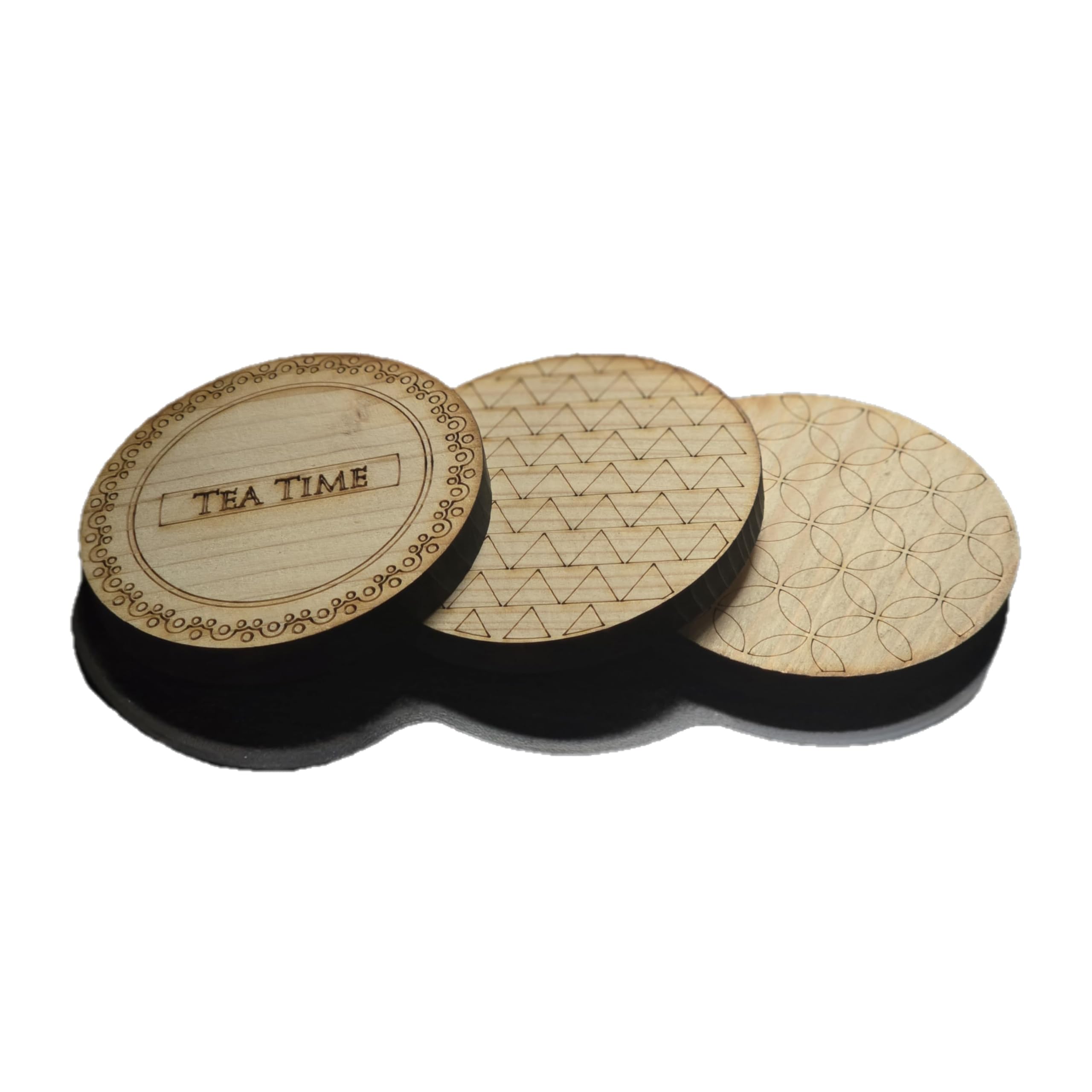 CHETANA Handcrafted Wooden Tea Coasters Set of 3 - Round Carved Floral Design - Heat Resistant Drink Coasters for Tea, Coffee & Beverages - Perfect for Home, Office & Gift Giving