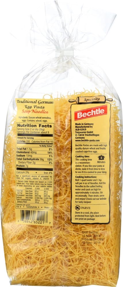 Bechtle Traditional German Cage-Free Egg Pasta Soup Noodles Thin - 17.6 oz (Pack of 2) | Authentic European Style Pasta for Soups, Salads & Quick Meals | Perfect for Home Cooking & Gourmet Recipes