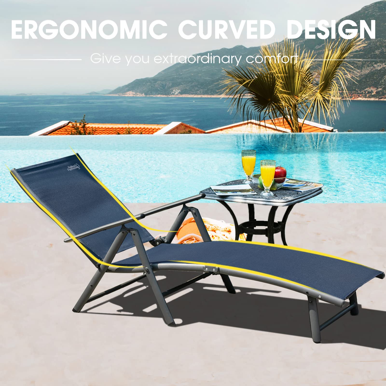 Natural Expressions Outdoor Chaise Lounge Chairs Set of 2 - Adjustable Folding Aluminum Patio Recliners for Pool, Beach, Backyard & Lawn (300 lbs Weight Capacity) | Perfect for Sunbathing, Relaxing by the Poolside or Creating a Coastal Retreat