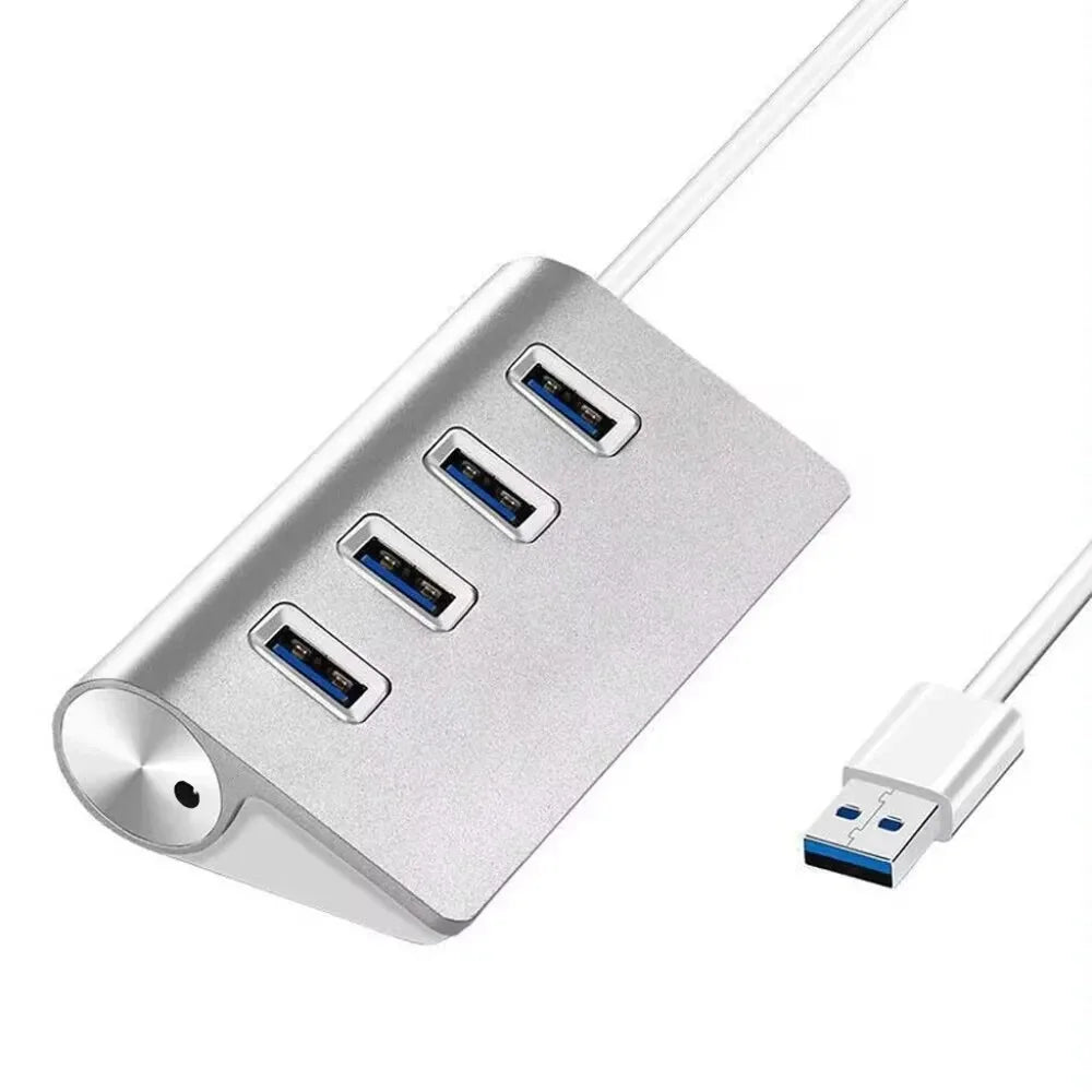 4-Port USB 3.0 Hub Aluminum - High-Speed Data Transfer & Charging Station for Laptop, PC, Mac - Compact & Durable Silver Design for Home Office & Travel Use