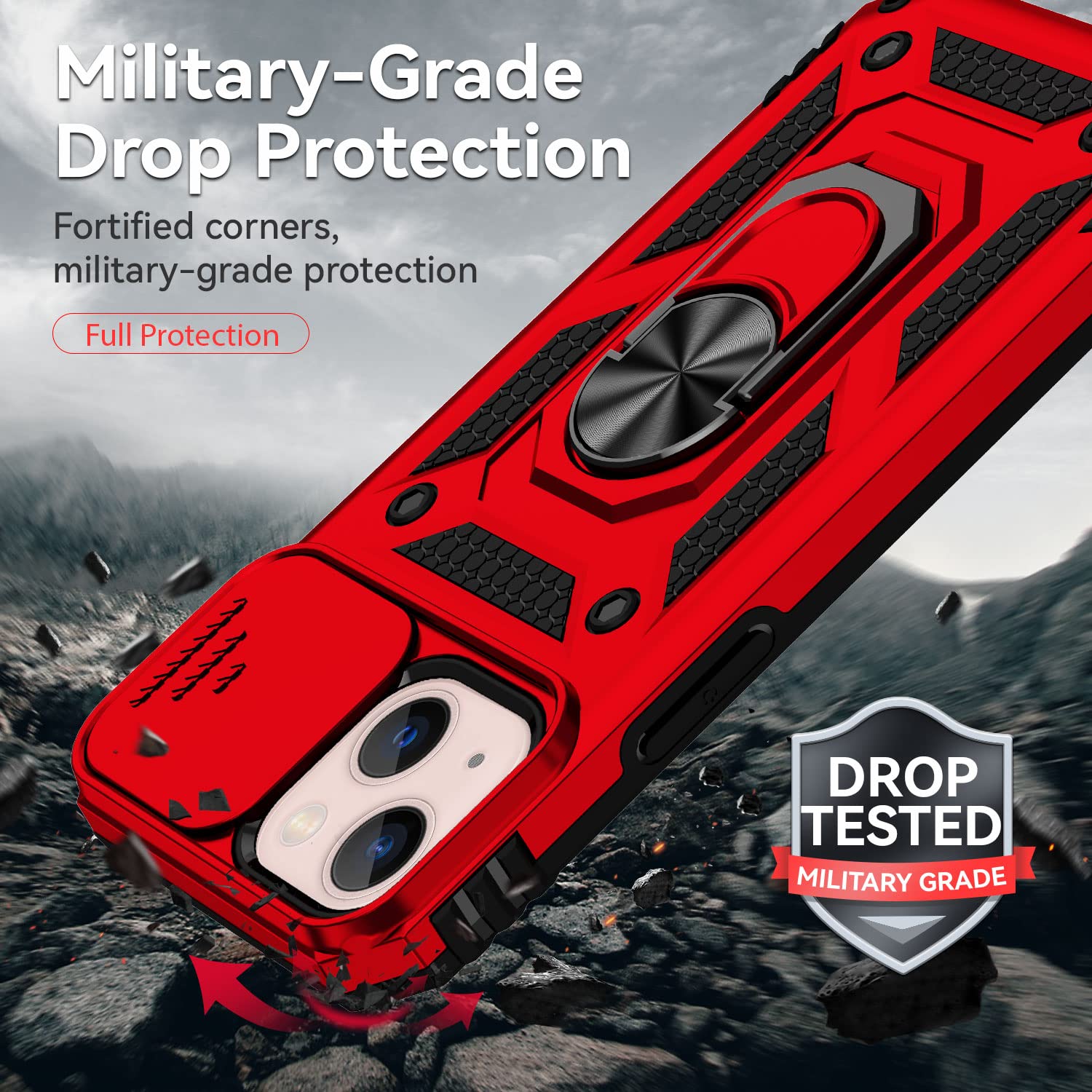 Hitaoyou iPhone 13 Case with Camera Cover & Kickstand - Military Grade Shockproof Heavy Duty Protective Magnetic Phone Cover for iPhone 13 (Red) - Perfect for Outdoor Activities, Travel & Daily Protection