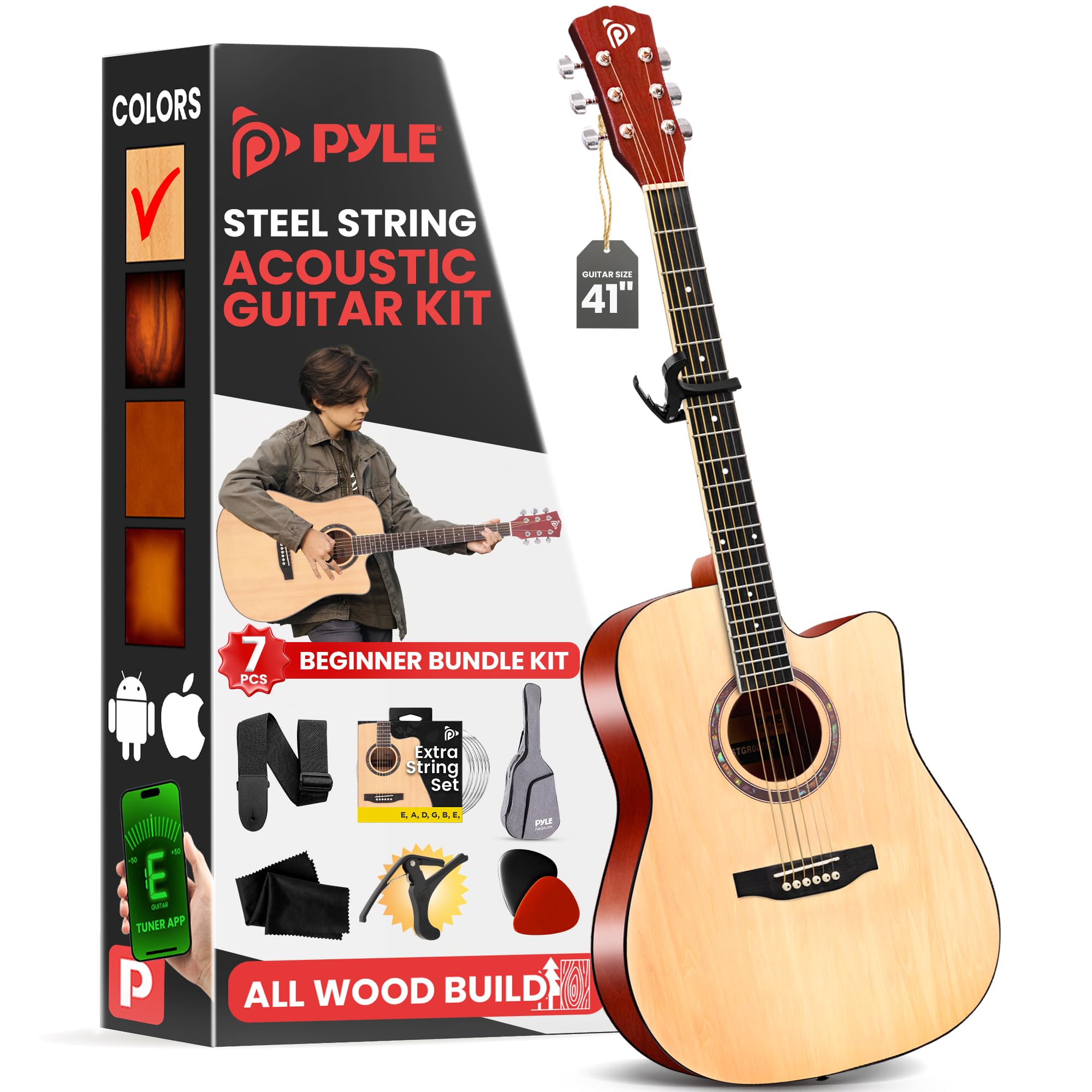 **Pyle 4/4 Full Size Cutaway Acoustic Guitar Kit for Beginners – All Wood Dreadnought with Gig Bag, Steel Strings, Picks, Strap & Capo – Perfect for Students & Adults (Natural) – Ideal for Learning, Practice & Live Performances**