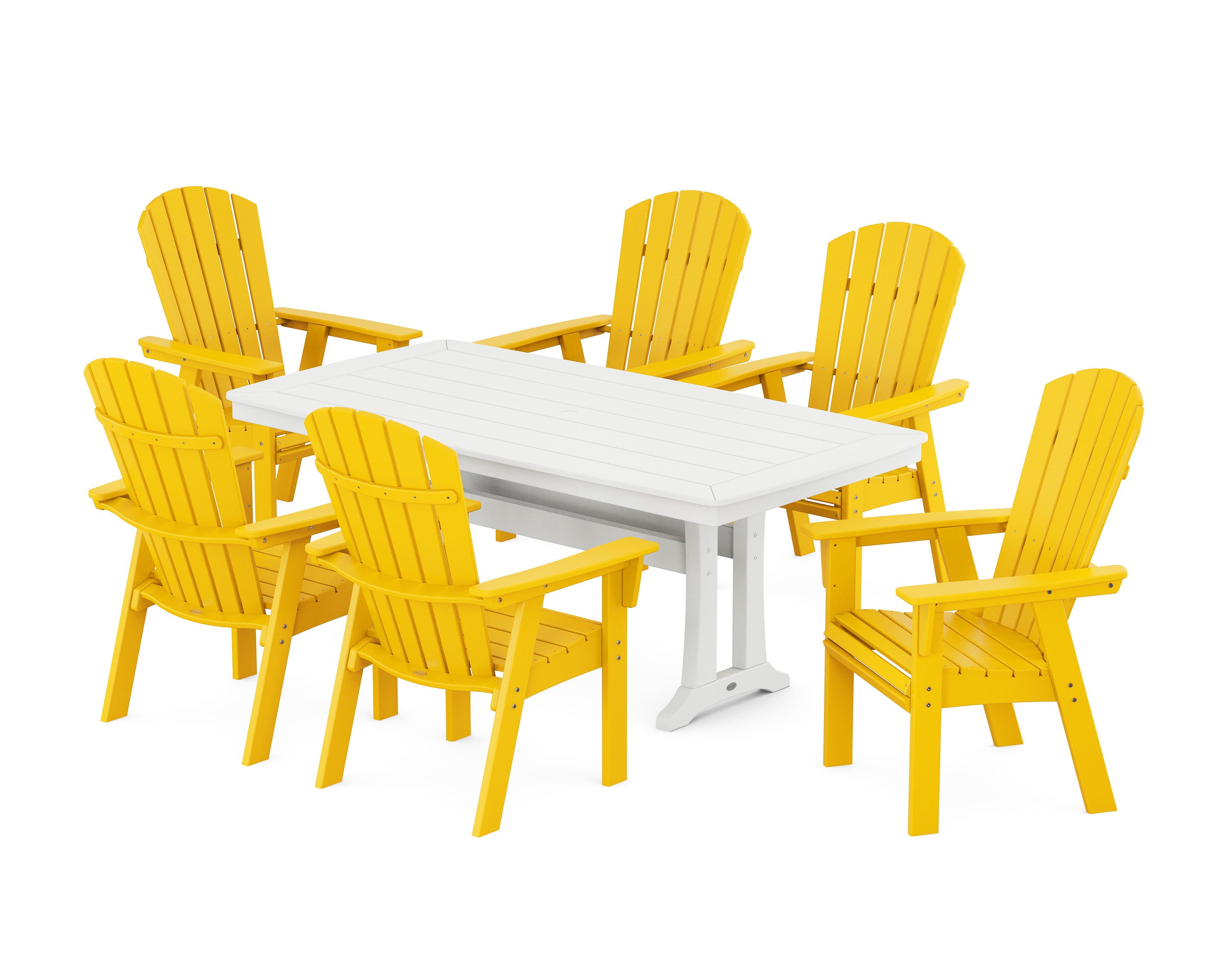 POLYWOOD Nautical Curveback Adirondack 7-Piece Outdoor Dining Set with Trestle Legs - Perfect for Patio, Poolside, and Beachfront Entertaining