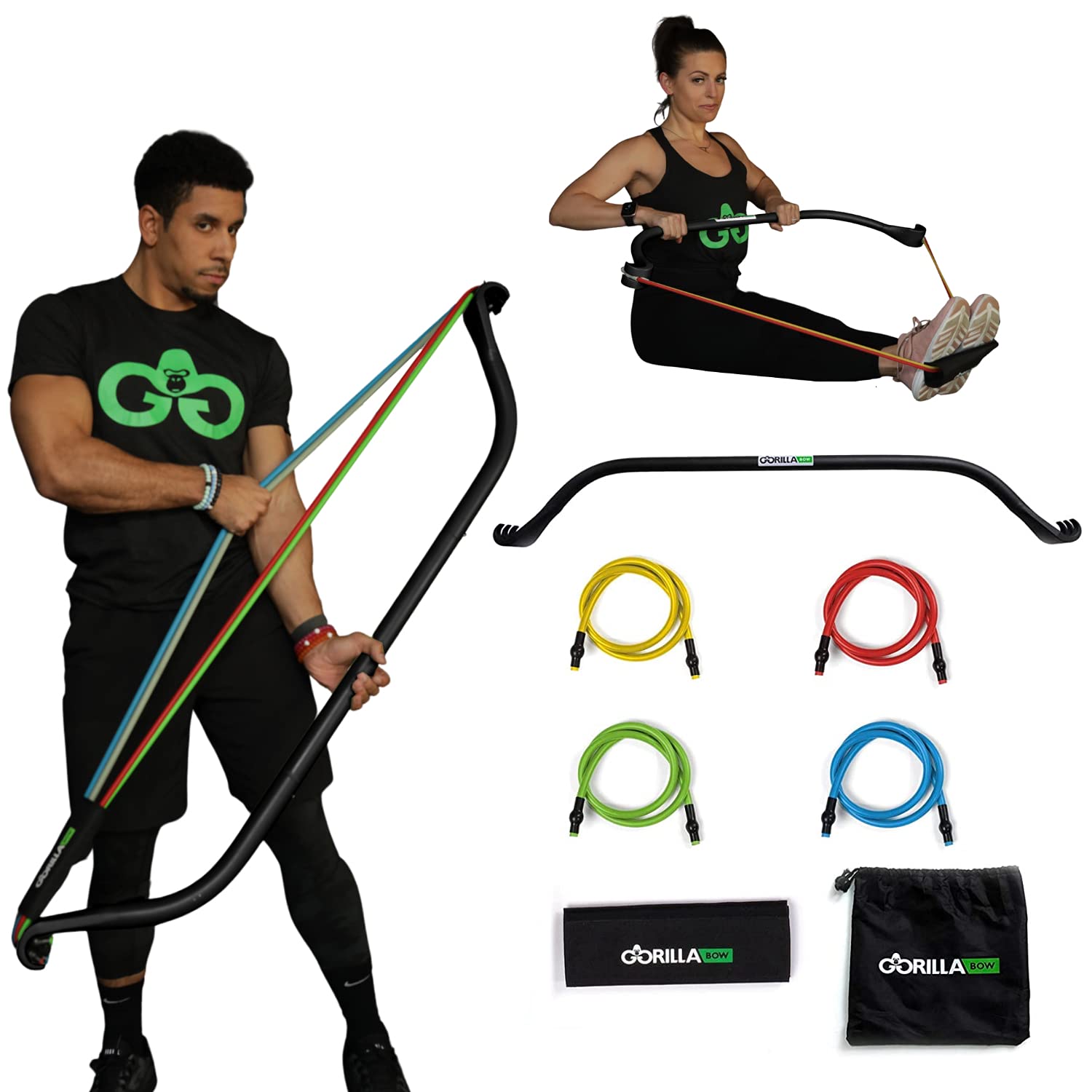 Gorilla Bow Original Portable Home Gym System - Resistance Bands & Bar for Full Body Workouts | Travel Fitness Equipment for Weightlifting & Strength Training | Perfect for Home, Office & Outdoor Exercise