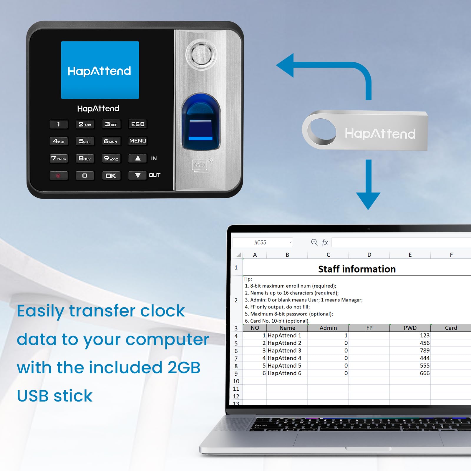 HapAttend Fingerprint Time Clock for Small Business - Standalone Employee Attendance System with RFID Card Scanner, Automatic Hours Calculation & 5 Free Cards (No Monthly Fees) | Perfect for Office, Retail & Warehouse Staff Tracking