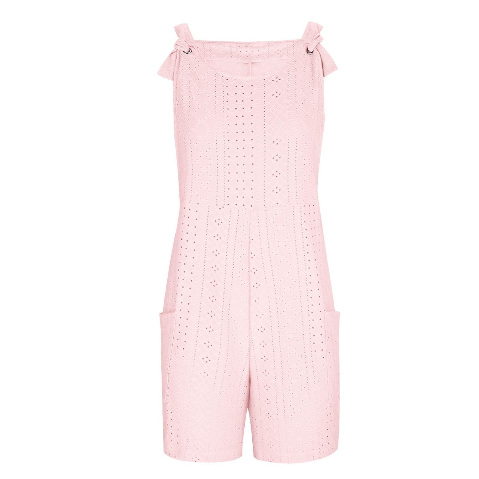 Women's Crochet Eyelet Jumpsuit Romper with Pockets - Elegant Solid Color Shorts Jumper for Casual Outings, Beach Vacations & Summer Parties