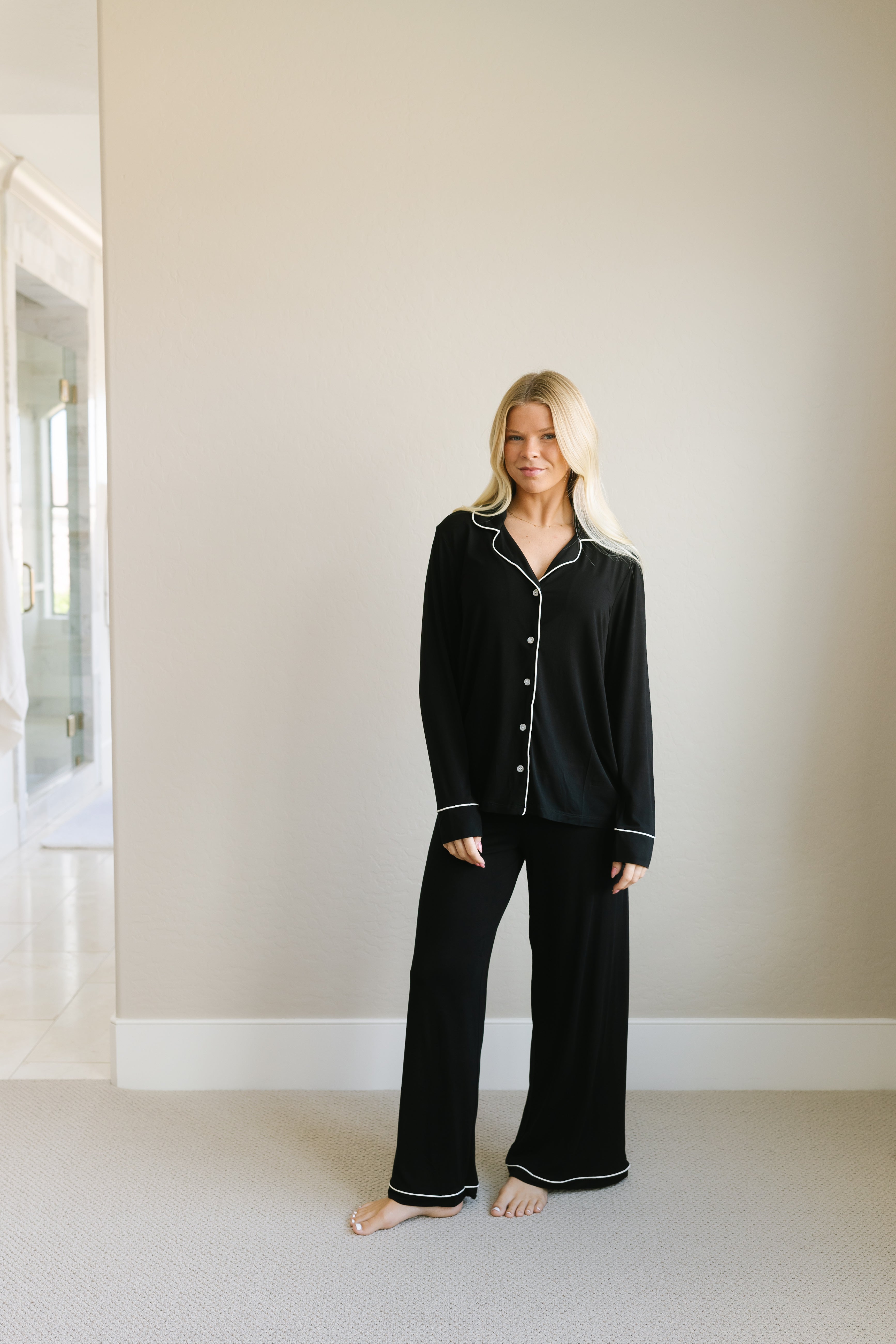 Elegant Black Tie Pajama Set for Women - Long Sleeve Sleepwear - Perfect for Valentine's Day, Anniversary Gifts & Cozy Nights