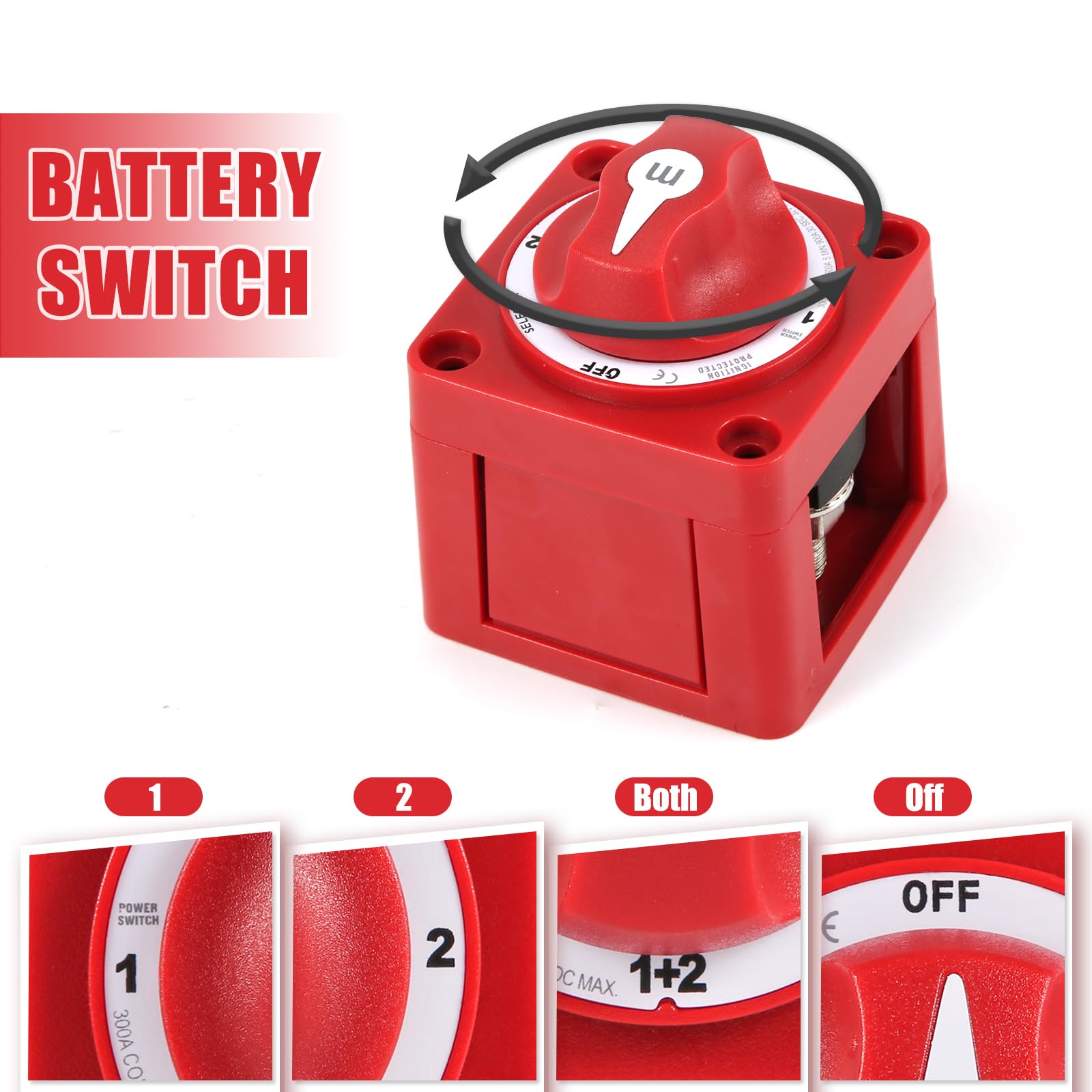 6007 m-Series 4 Position Marine Battery Disconnect Switch (1-1+2-2-Off) - Heavy Duty Boat Battery Selector for Car, RV, Trailer - Red - Perfect for Marine Power Management & Vehicle Electrical Systems