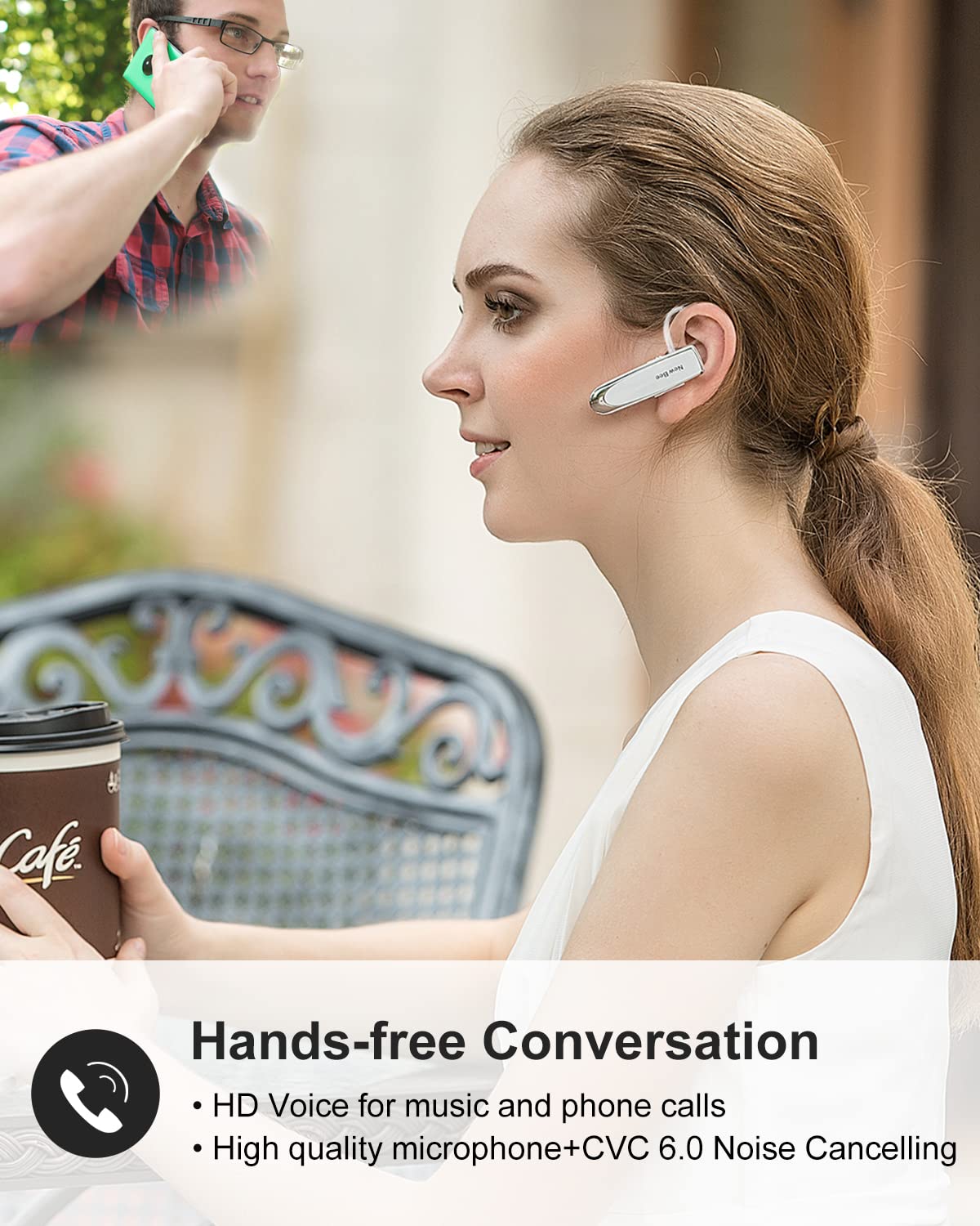 2 Pack Bluetooth 5.0 Wireless Earpiece - 24H Battery Life, 60 Days Standby - Hands-Free Headset for iPhone, Android, Laptop - Perfect for Truck Drivers, Office Work & Online Meetings (White)
