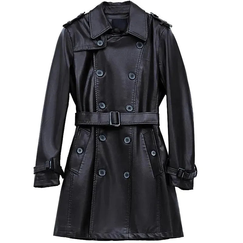 Premium Men's Genuine Leather Trench Coat - Classic Long Waterproof Windbreaker for Business, Dating & Outdoor Activities