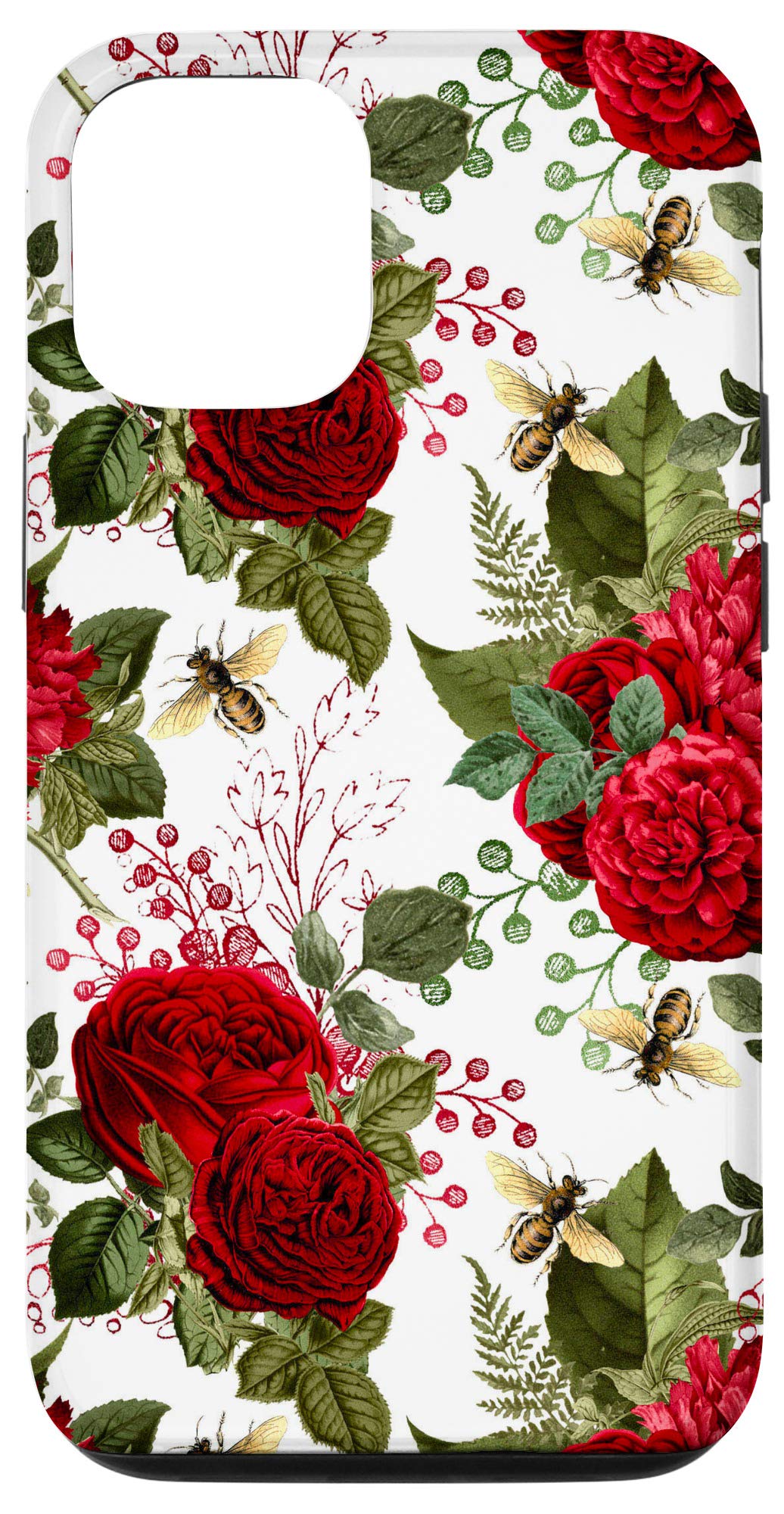 Premium iPhone 12/12 Pro Case with Elegant Bees & Red Roses Design - Slim Protective Phone Cover for Women & Men - Perfect for Daily Use, Work, Travel & Outdoor Activities