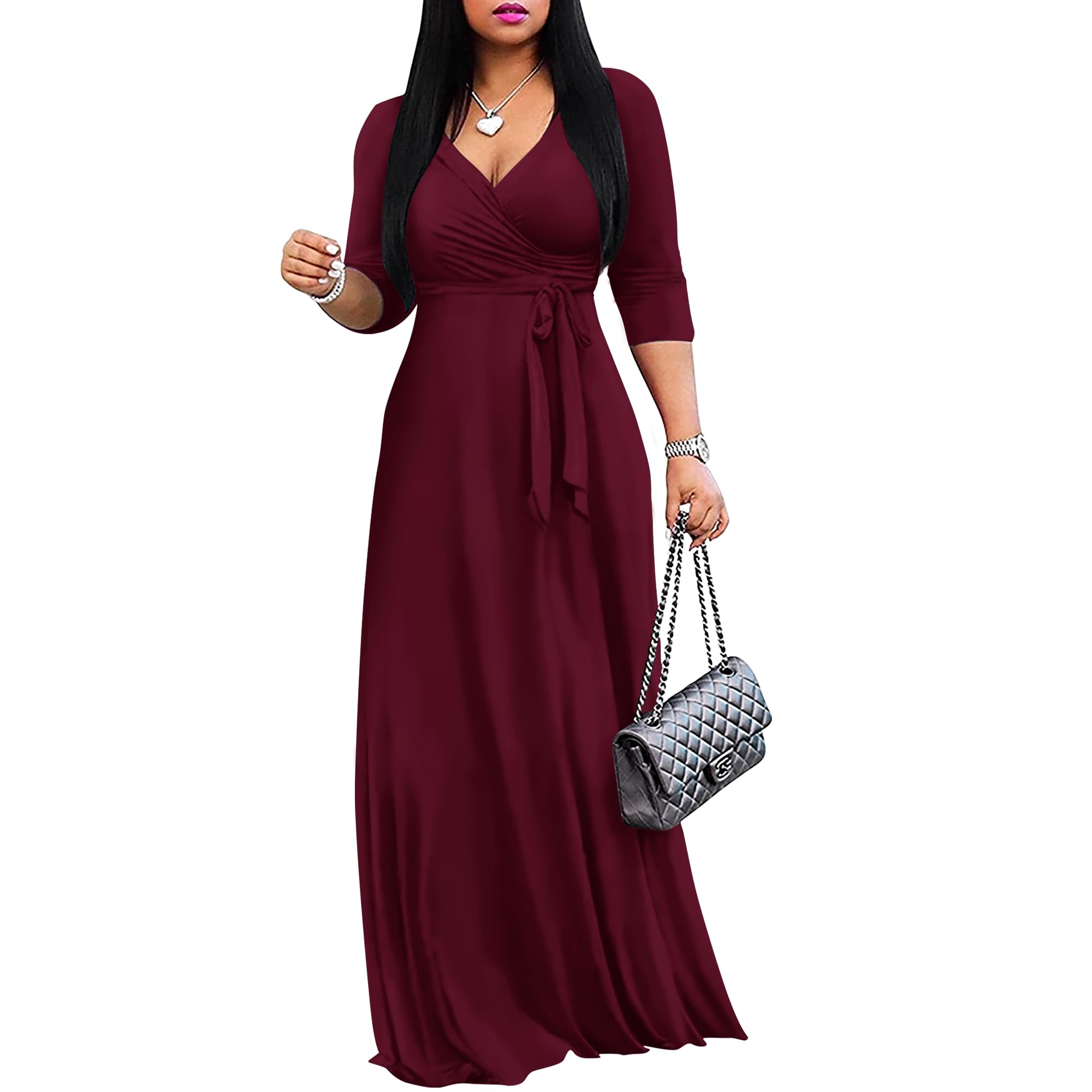FANDEE Women's 2025 Maxi Dress - Solid Color Bohemian Summer Long Dress with V-Neck & 3/4 Sleeves | Perfect for Beach Vacations, Music Festivals, and Casual Summer Outfits