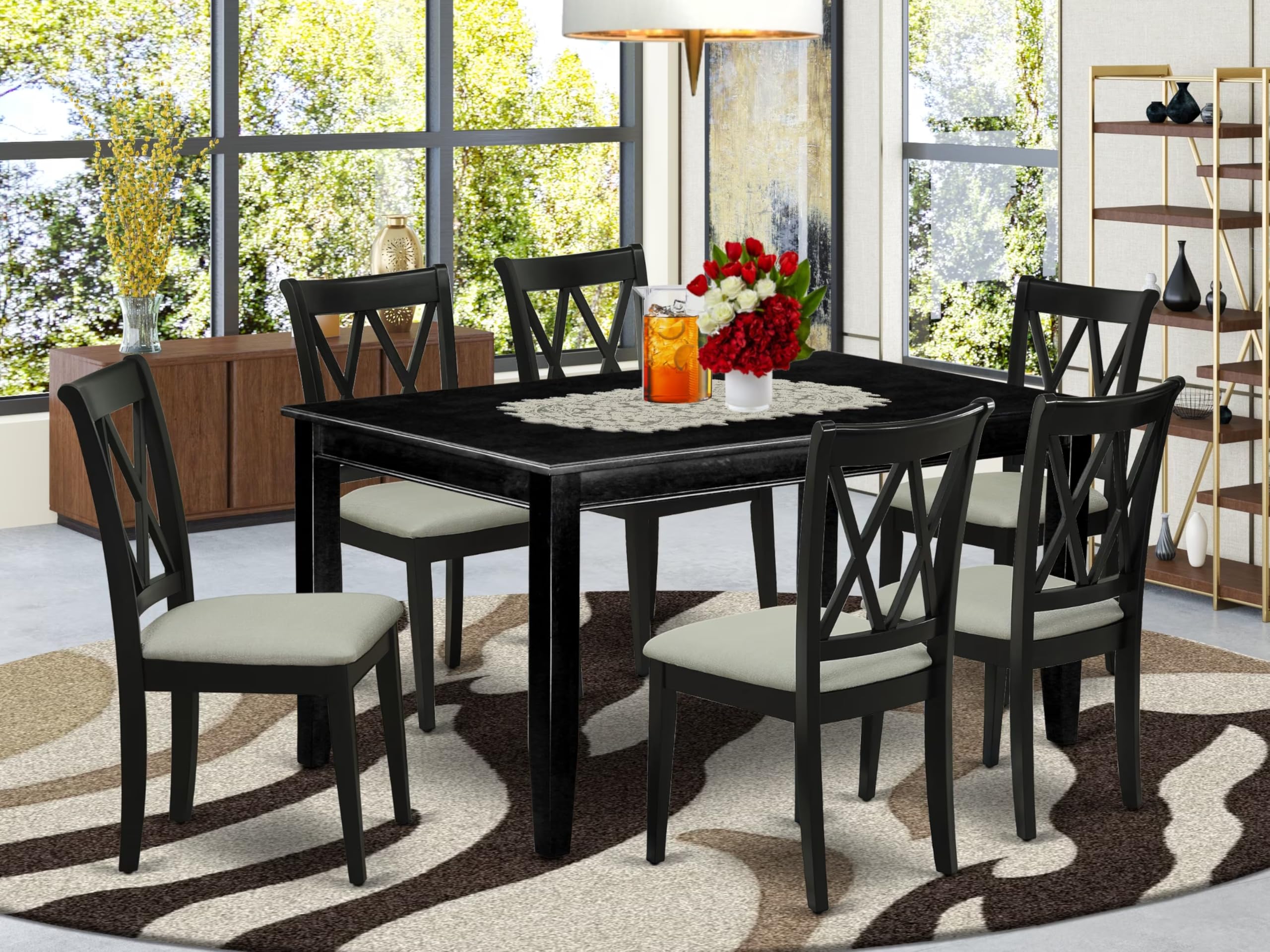 East West Furniture DUCL7-BLK-C 7-Piece Black Dining Room Set with 36x60 Inch Rectangle Table & 6 Linen Upholstered Chairs - Perfect for Family Meals, Dinner Parties, and Modern Home Decor